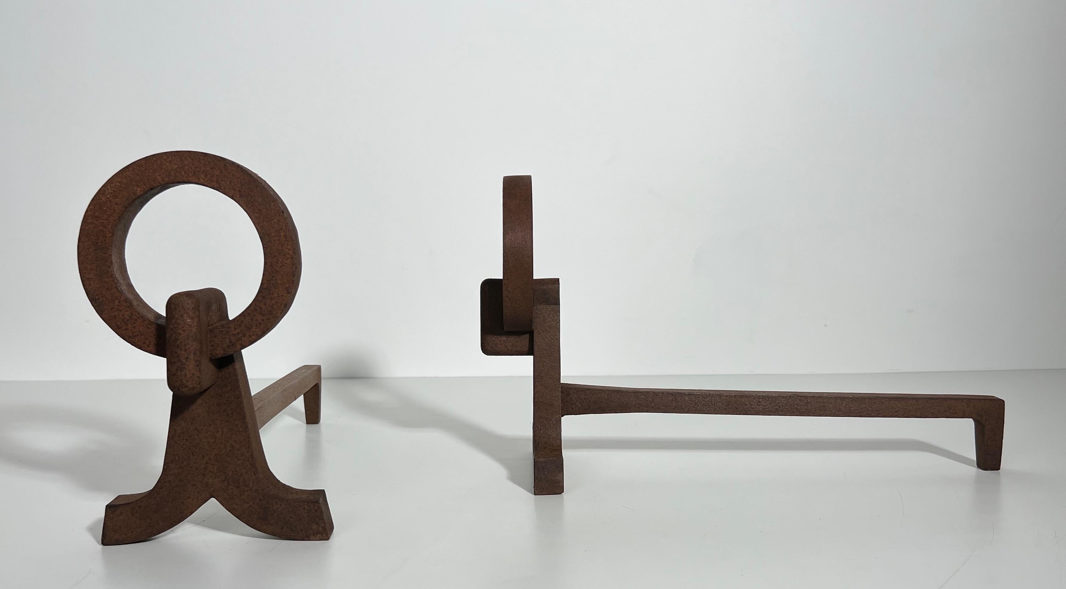 French Pair of Modernist Wrought Iron Andirons in the Style of Jacques Adnet For Sale