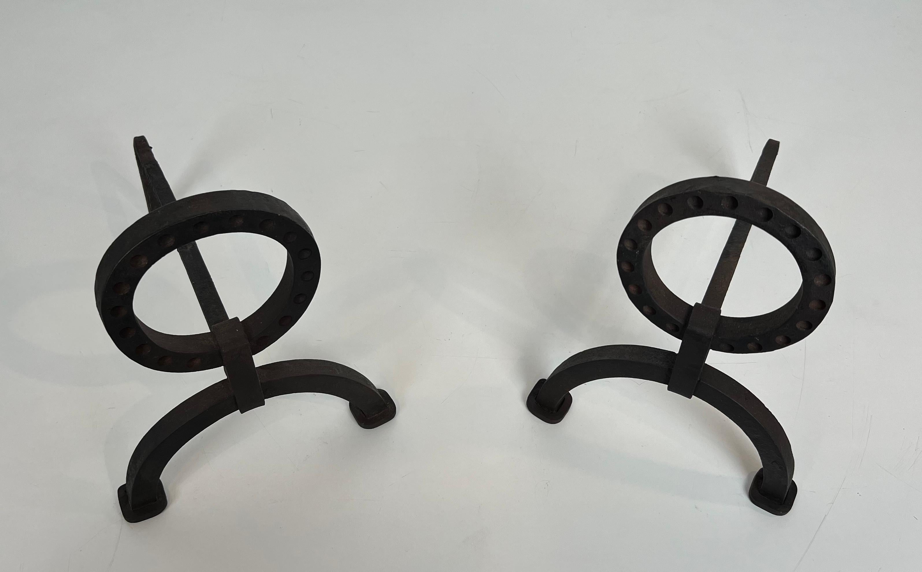 Pareja de Andirones Modernistas de Hierro Forjado al Estilo de Jacques Adnet en Bueno estado para la venta en Marcq-en-Barœul, Hauts-de-France