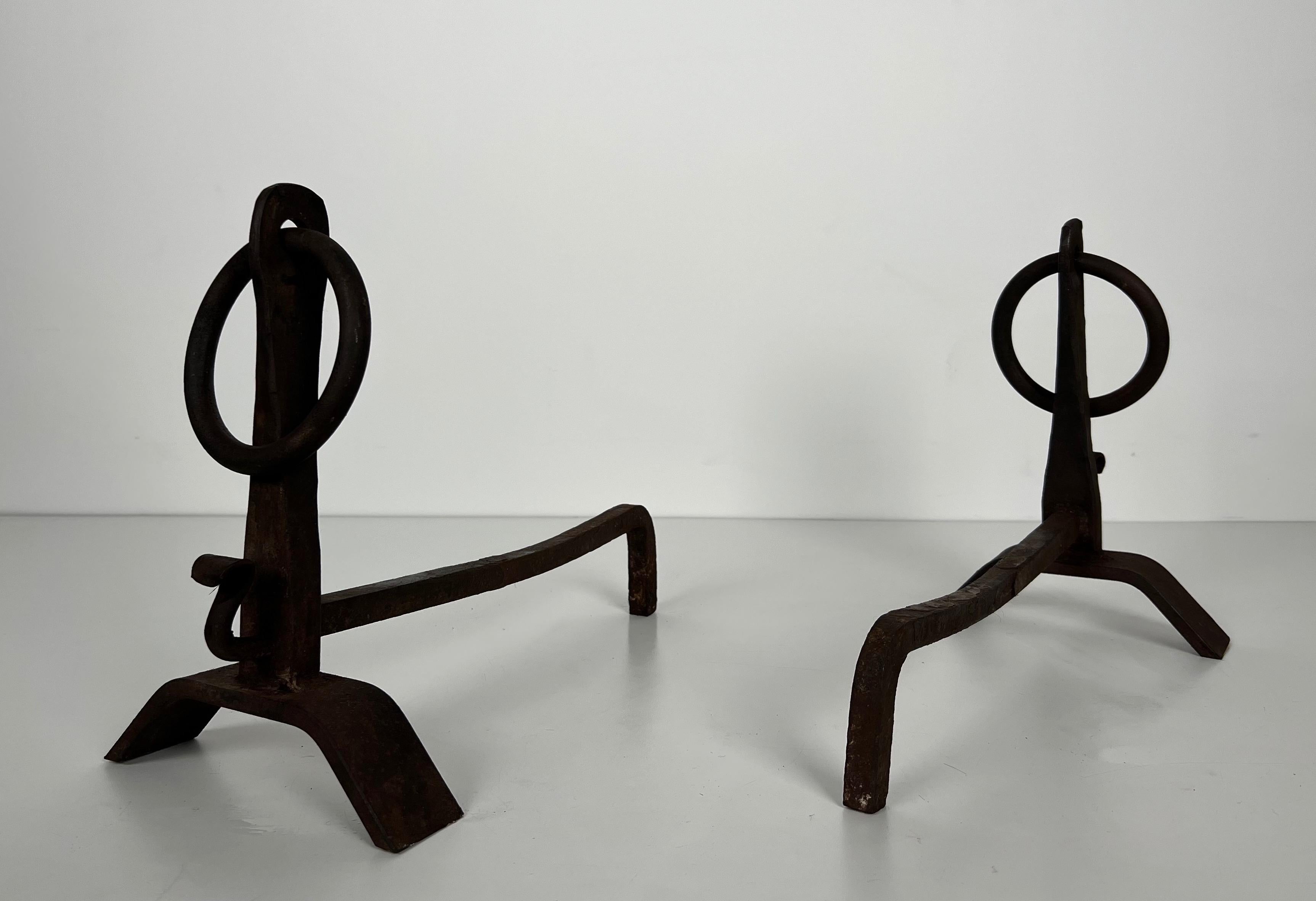 Mid-20th Century Pair of Modernist Wrought Iron Andirons in the Style of Jacques Adnet For Sale