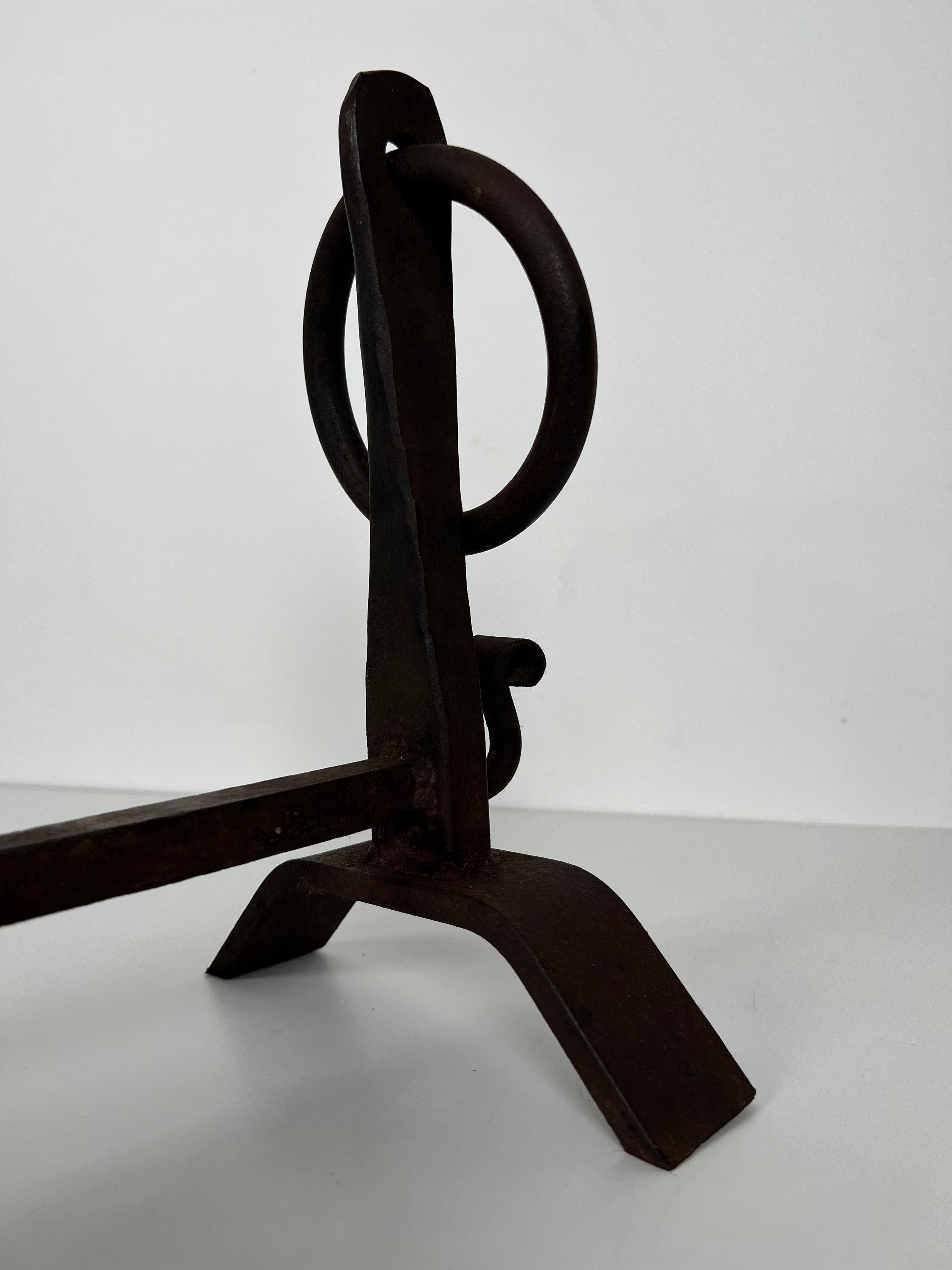 Pair of Modernist Wrought Iron Andirons in the Style of Jacques Adnet For Sale 1