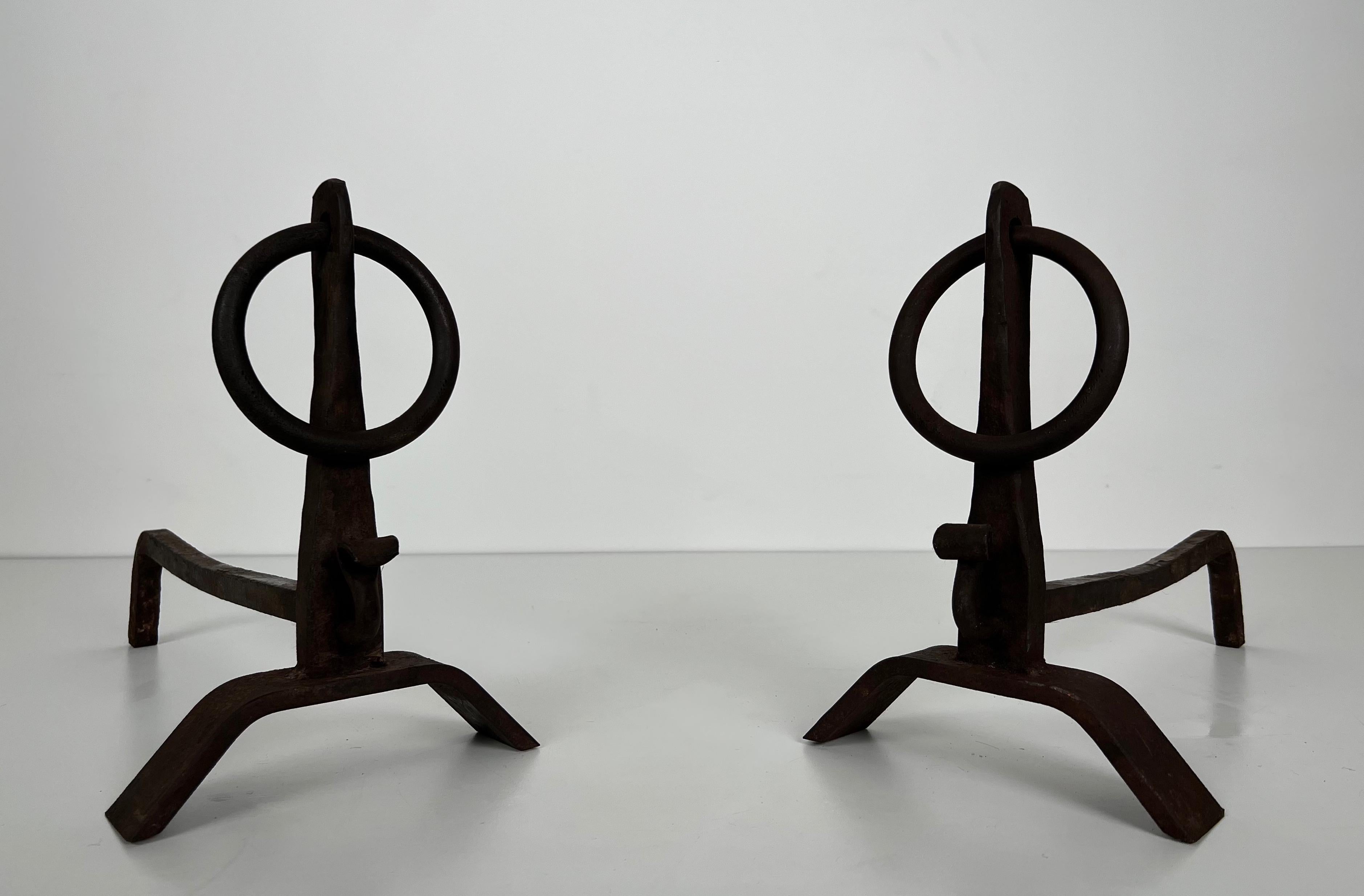Pair of Modernist Wrought Iron Andirons in the Style of Jacques Adnet For Sale 2