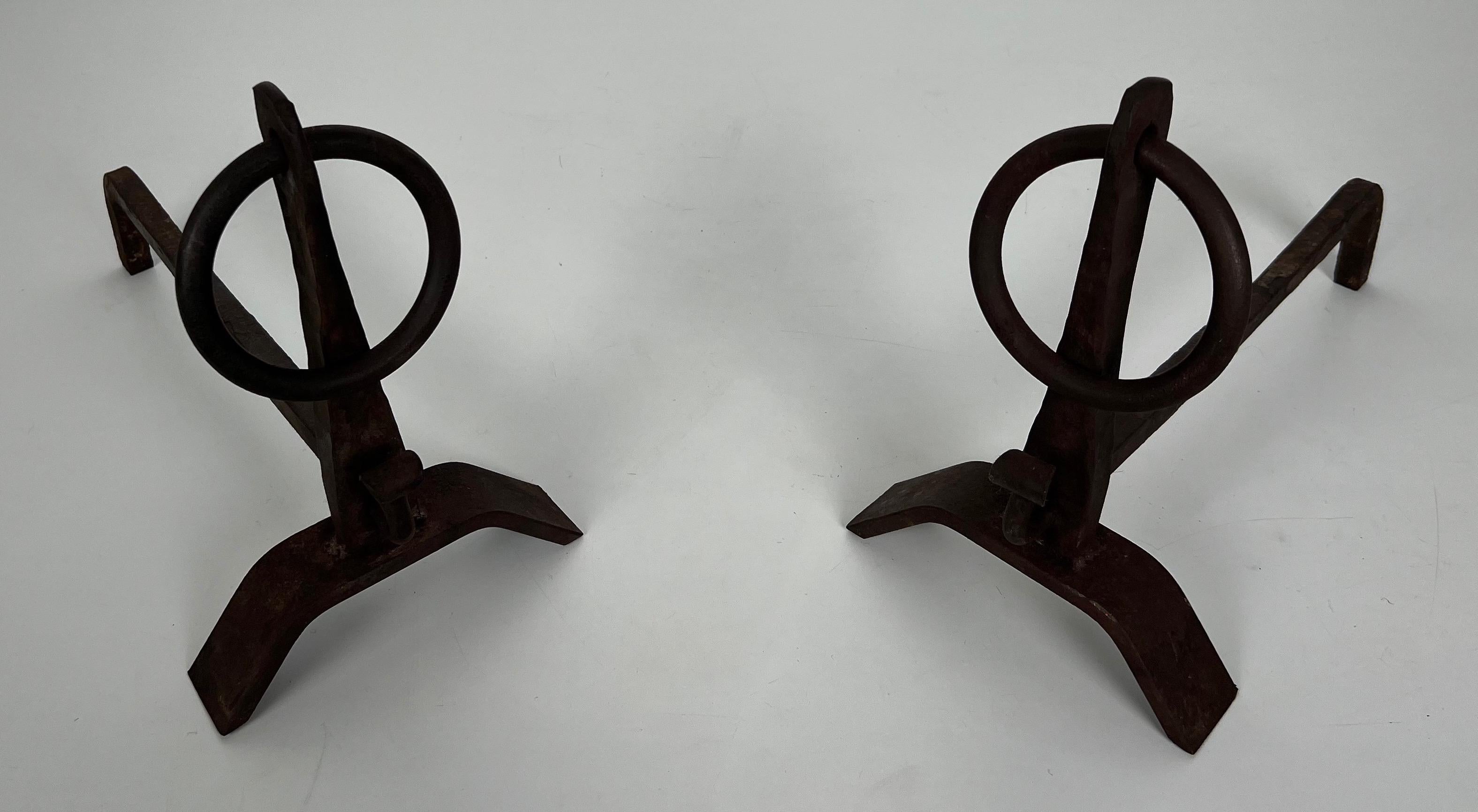 Pair of Modernist Wrought Iron Andirons in the Style of Jacques Adnet For Sale 3