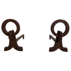 Pair of Modernist Wrought Iron Andirons in the Style of Jacques Adnet