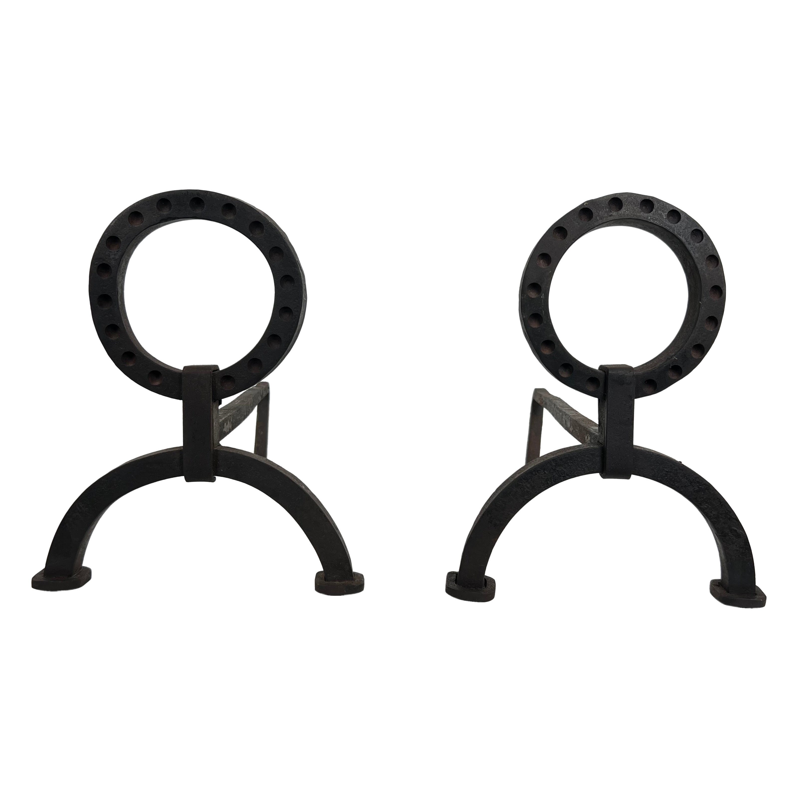 Pair of Modernist Wrought Iron Andirons In the Style of Jacques Adnet