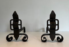 Pair of Modernist Wrought Iron Belt Andirons