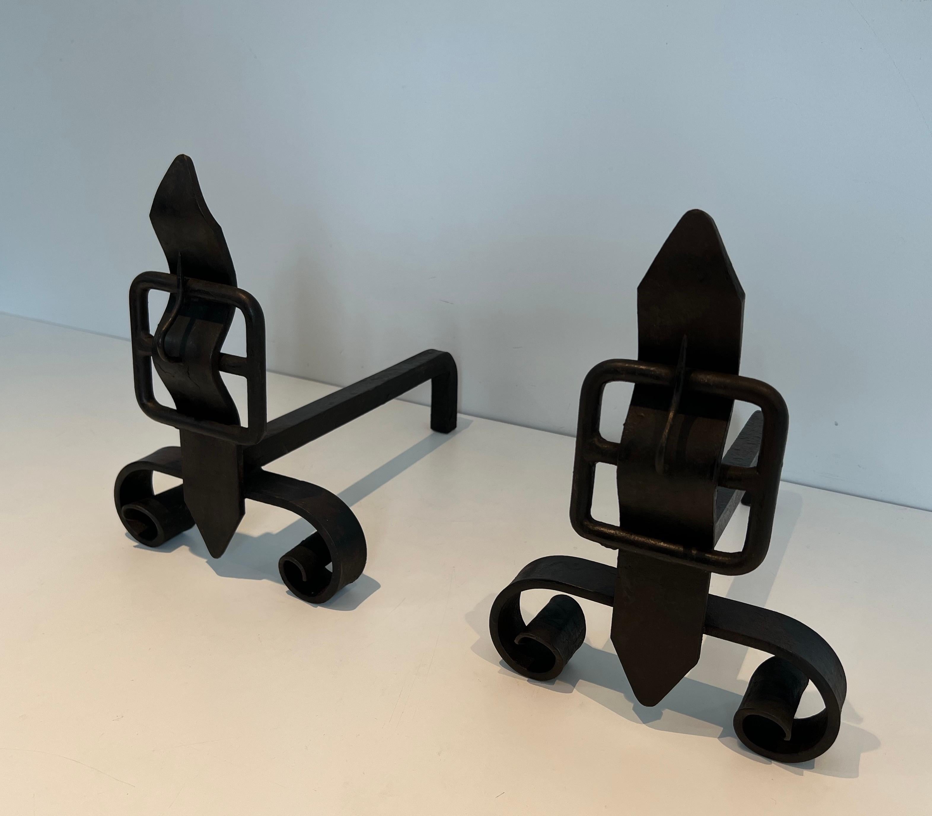 French Pair of Modernist Wrought Iron Belt Andirons For Sale