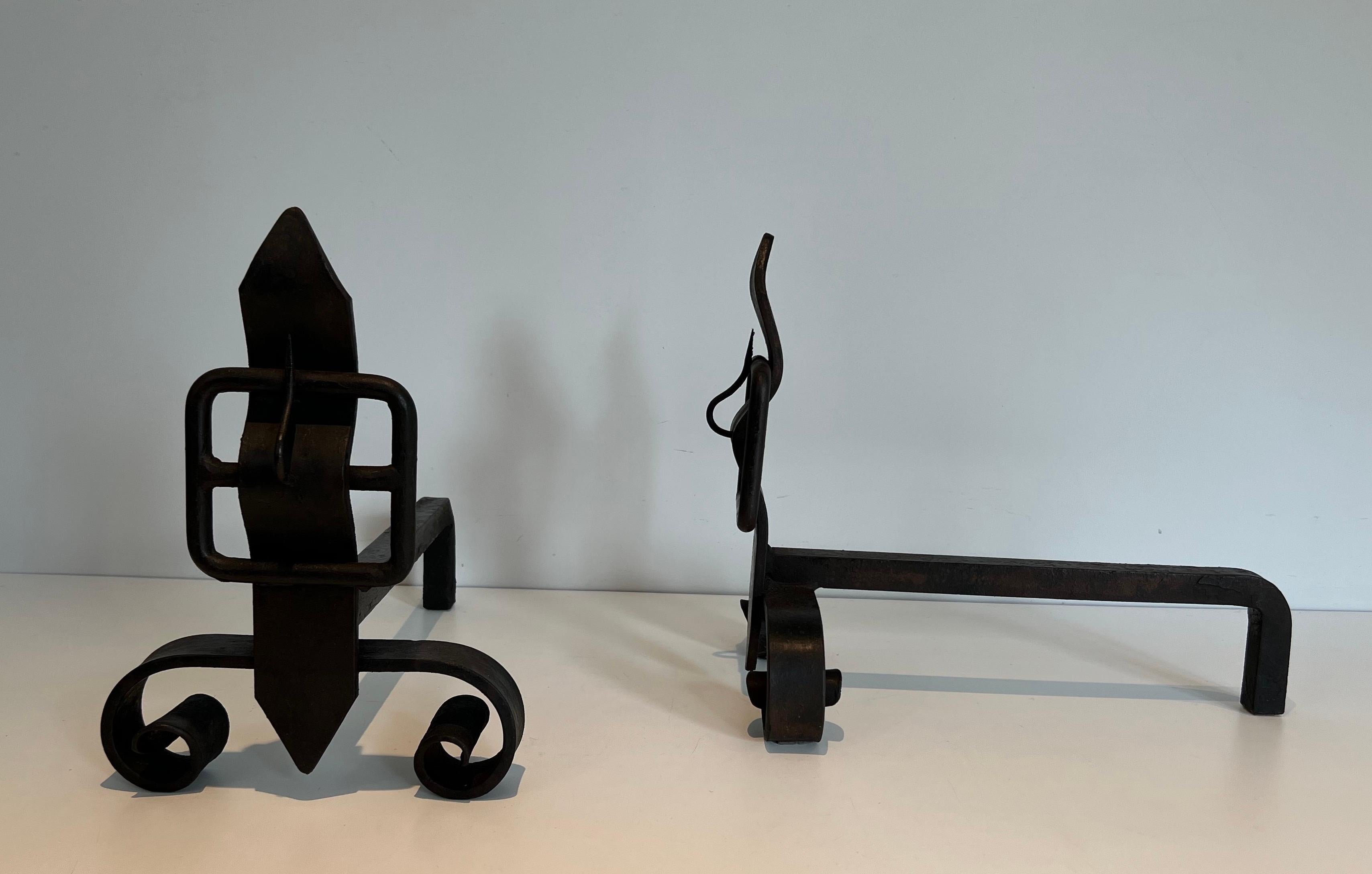 Mid-20th Century Pair of Modernist Wrought Iron Belt Andirons For Sale