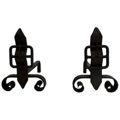 Pair of Modernist Wrought Iron Belt Andirons