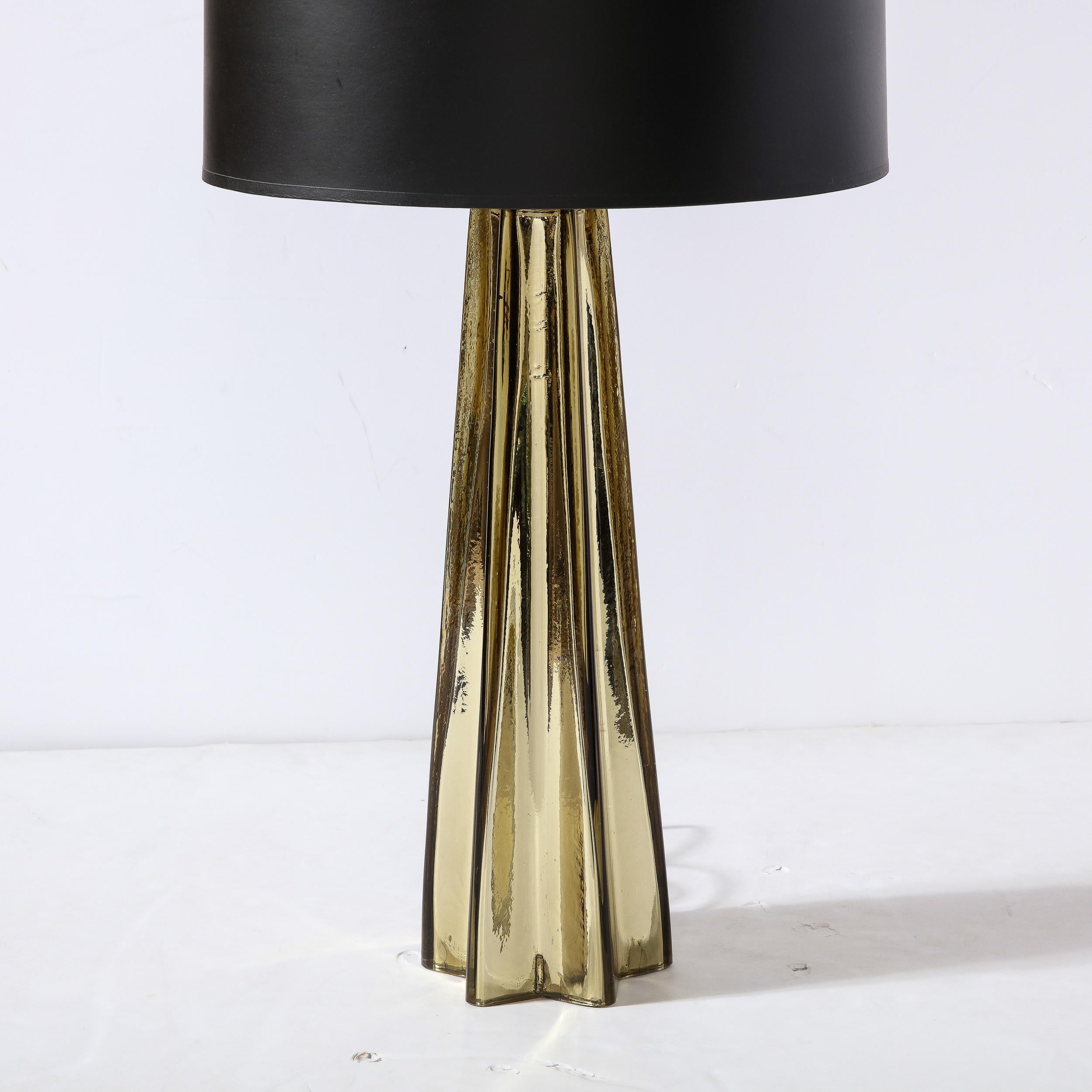 Italian Pair of Modernist X-Form Table Lamps in Hand Blown Murano Smoked Gold Glass For Sale