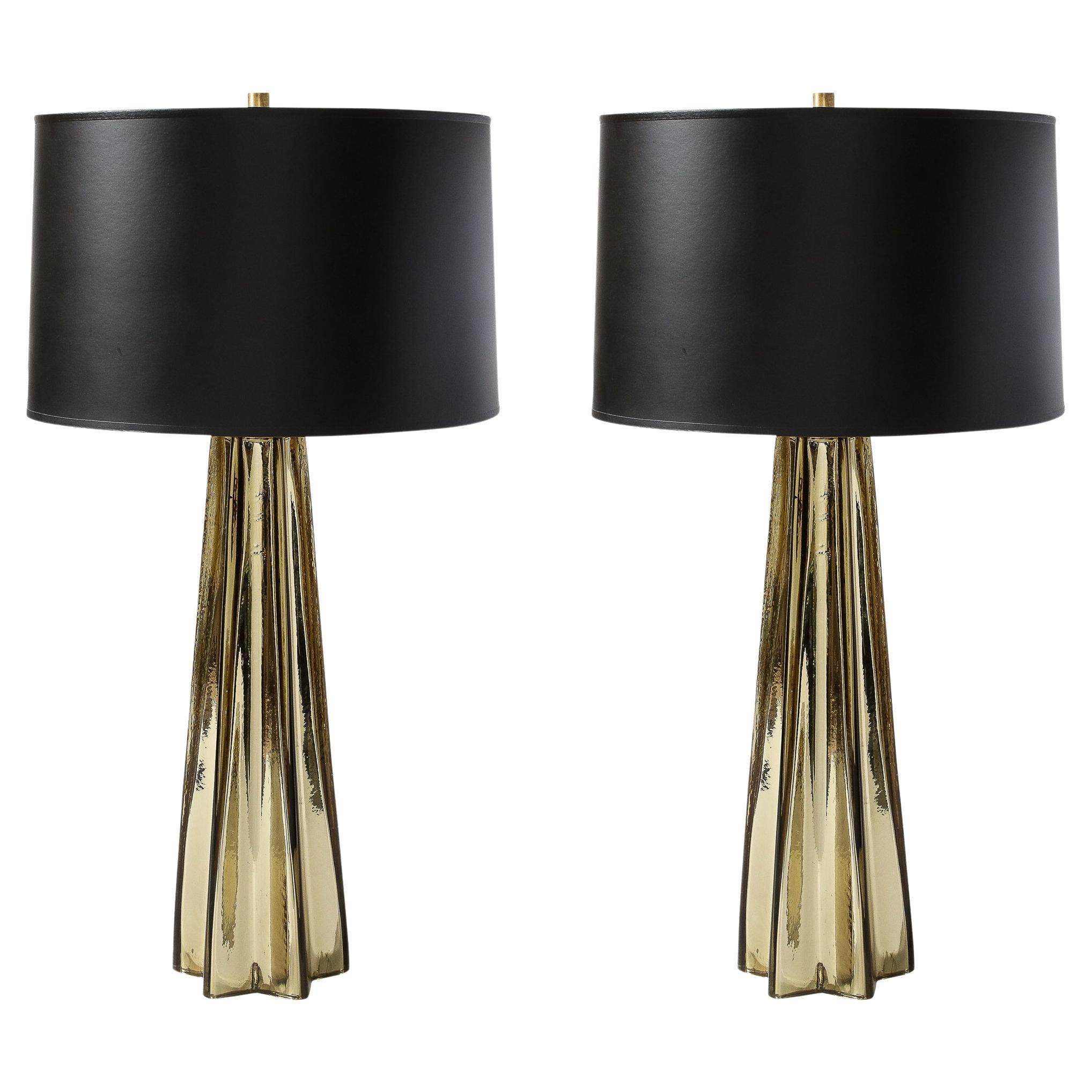 Pair of Modernist X-Form Table Lamps in Hand Blown Murano Smoked Gold Glass For Sale