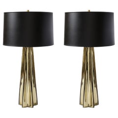 Pair of Modernist X-Form Table Lamps in Hand Blown Murano Smoked Gold Glass