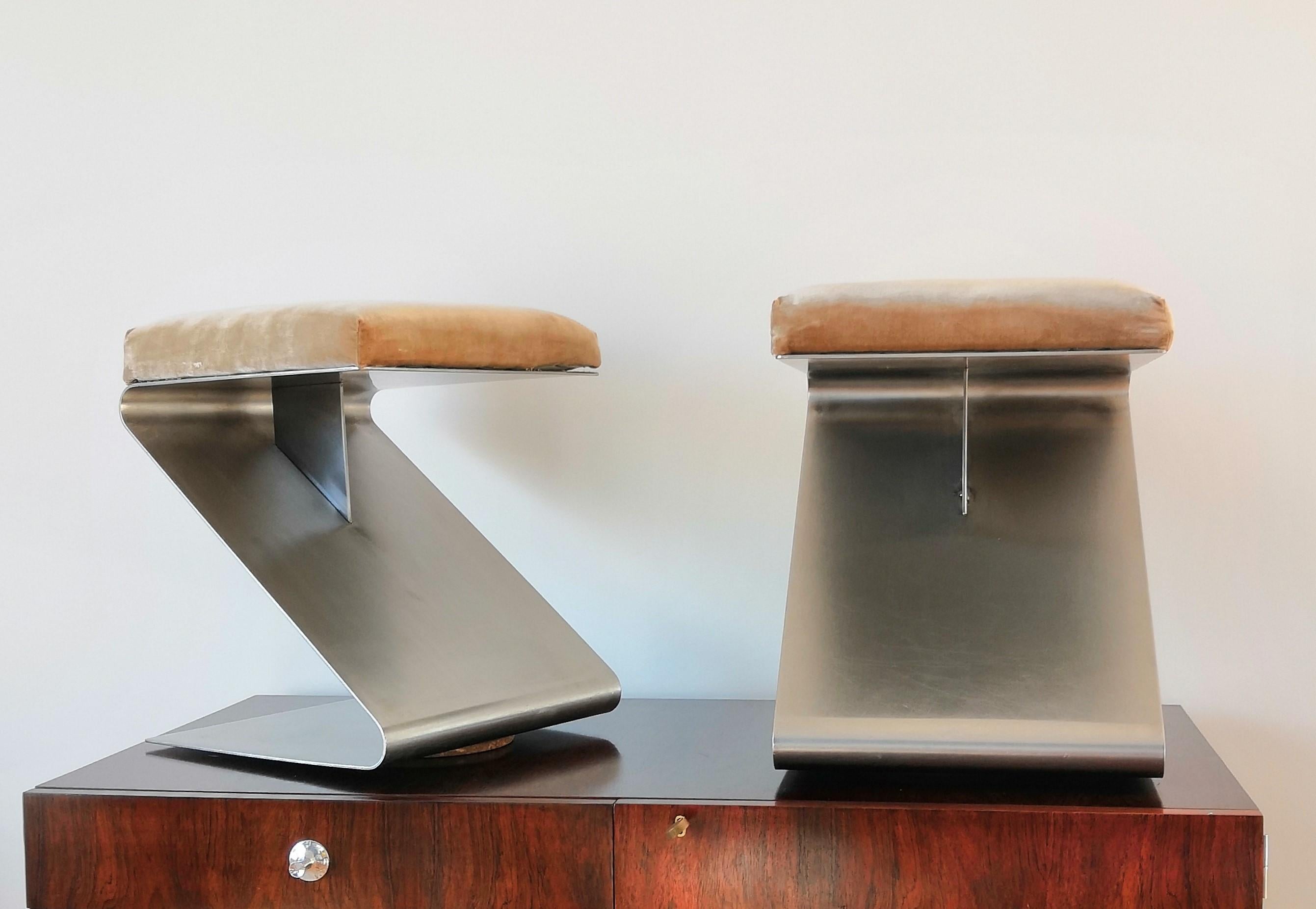 French Pair of Modernist Z Shaped Stools Attributed to M. Boyer, France 1970s