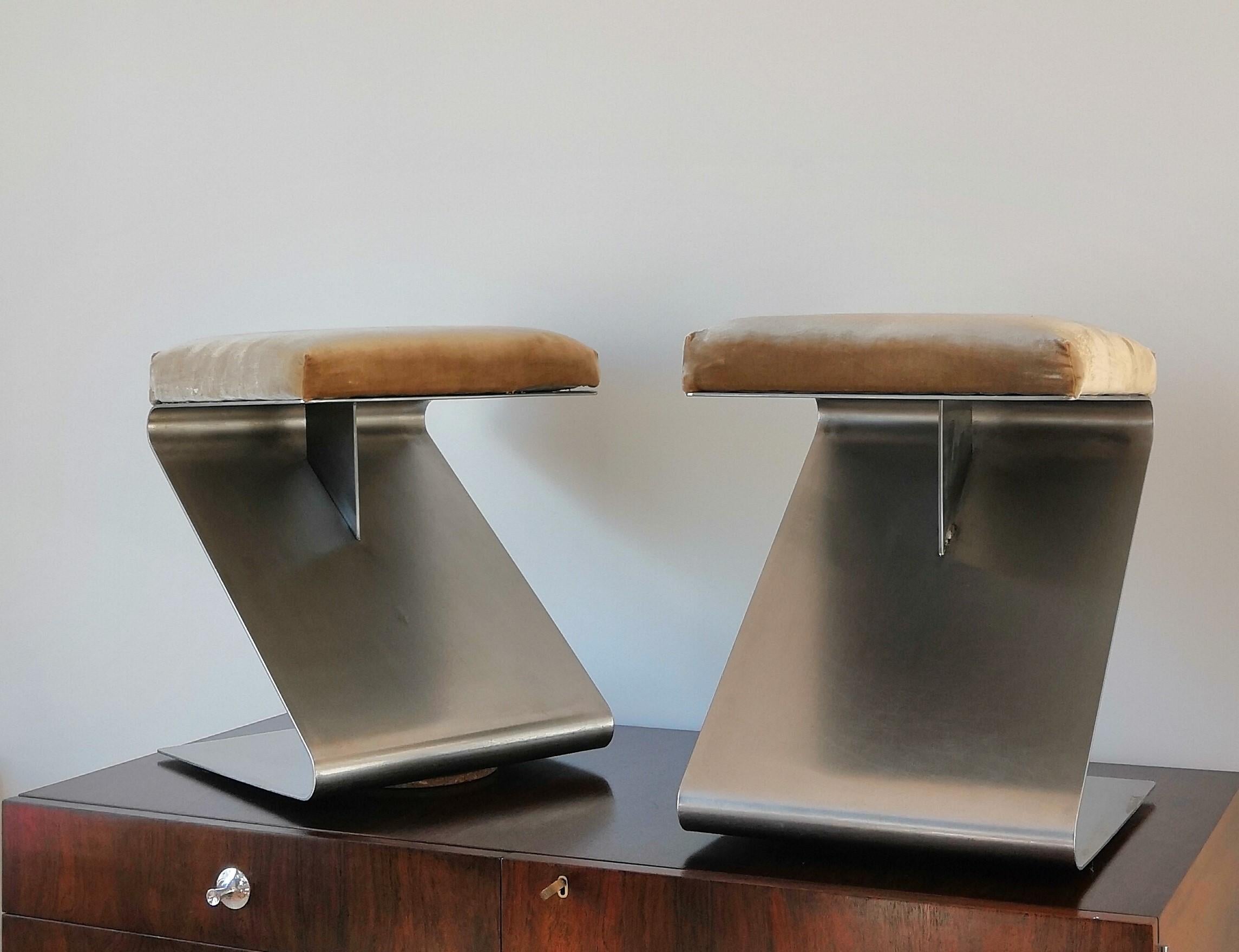 Stainless Steel Pair of Modernist Z Shaped Stools Attributed to M. Boyer, France 1970s