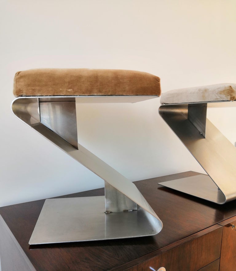 Pair of Modernist Z Shaped Stools Attributed to M. Boyer, France 1970s