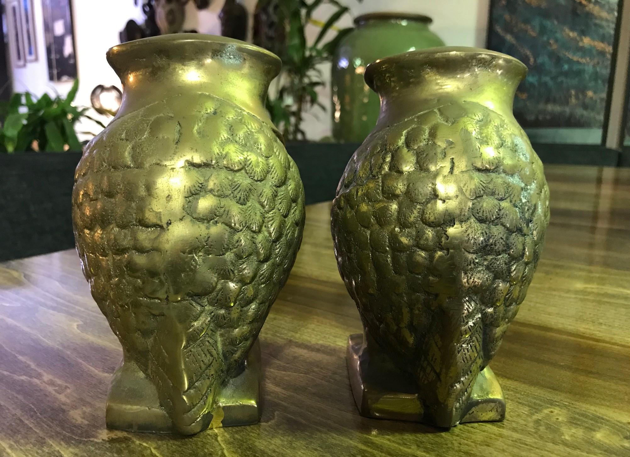 20th Century Pair of Modernists Mid-Century Modern Heavy Bronze Owls Bookends Sculptures