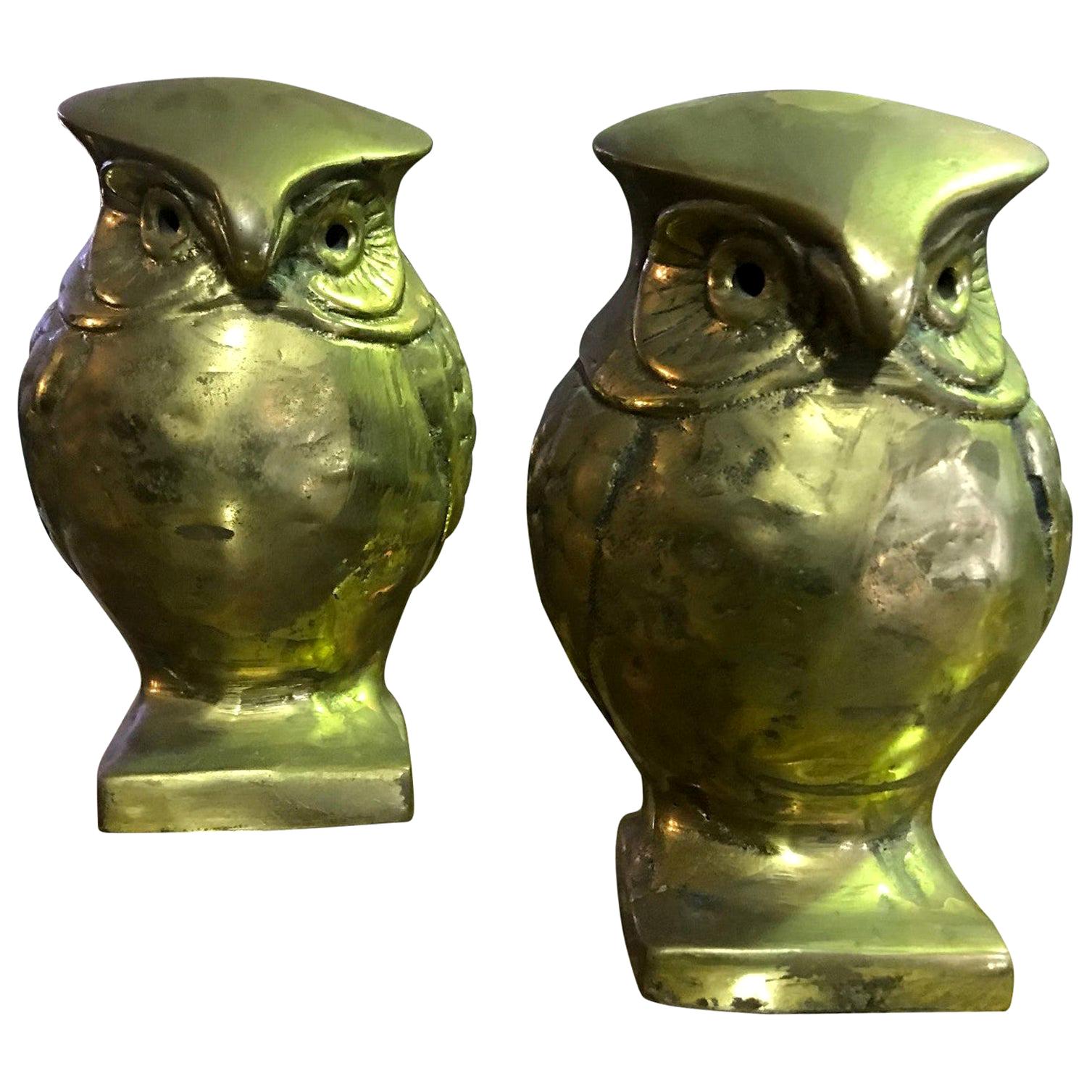 Pair of Modernists Mid-Century Modern Heavy Bronze Owls Bookends Sculptures