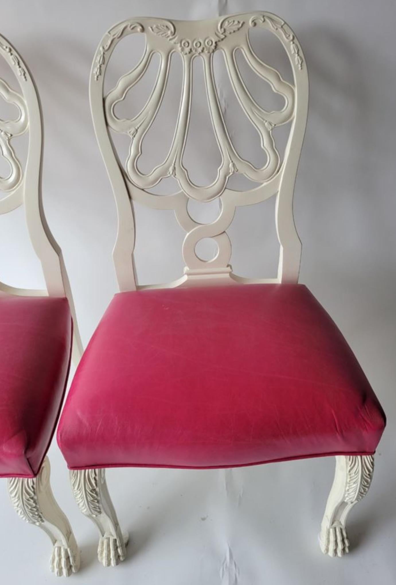 British Pair of Charlotte Moss Hollywood Regency White Lacquer & Pink Leather Chairs