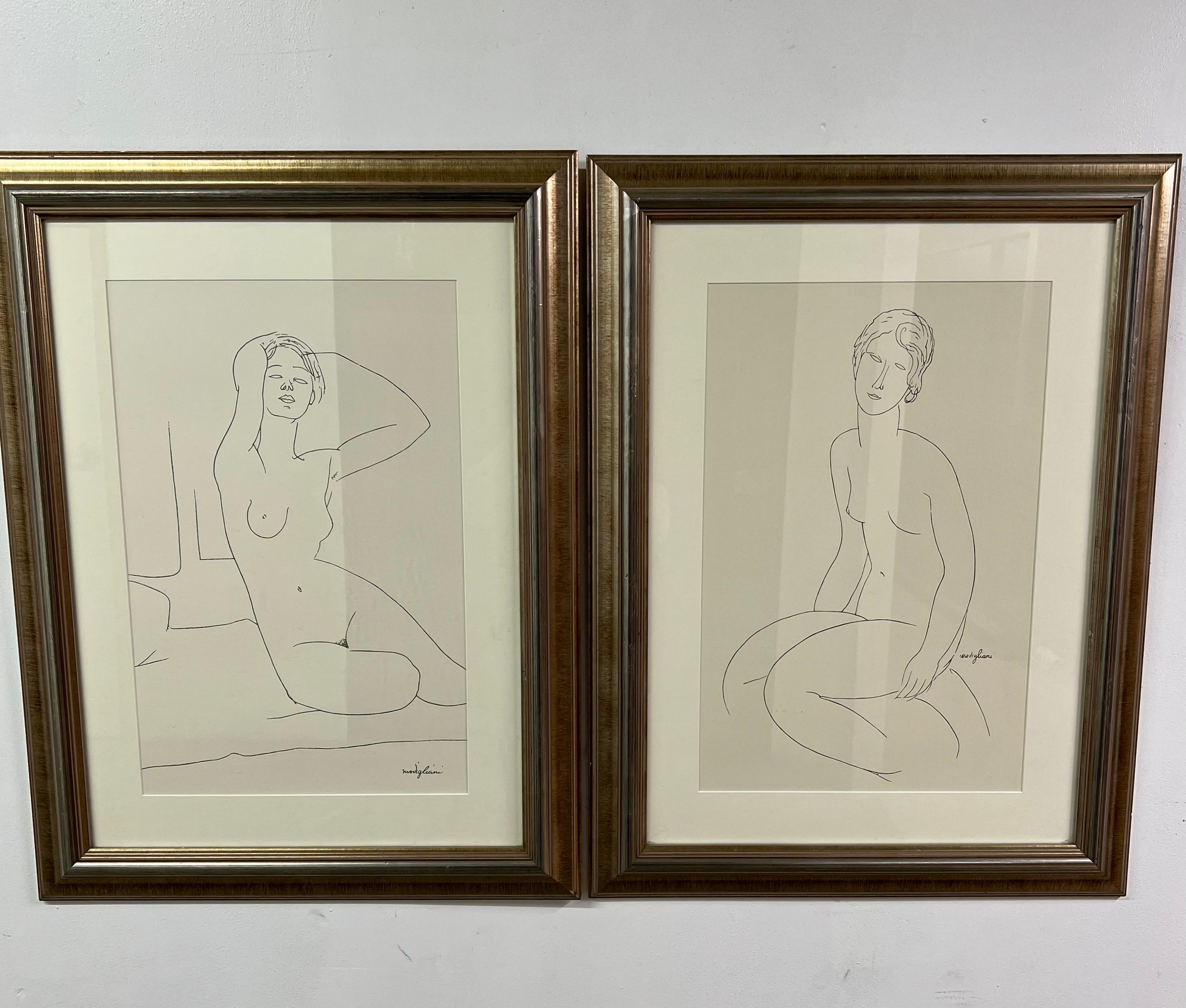 Hand-Crafted Pair of Modigliani Prints Female Nude Figures For Sale