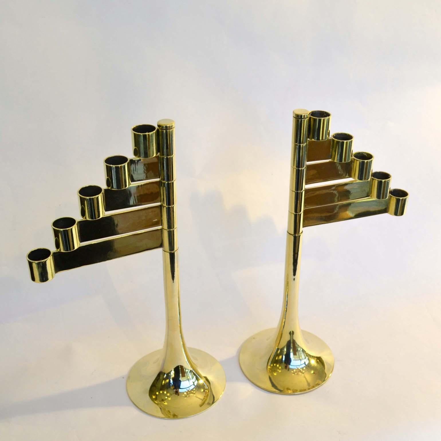 Pair of Modular Five-Arm Polished Brass Candle Holders 4