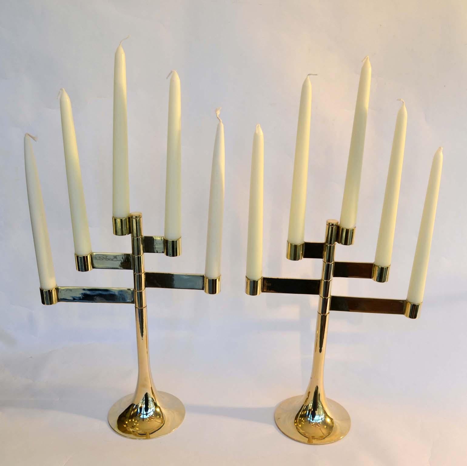 Mid-Century Modern Pair of Modular Five-Arm Polished Brass Candle Holders