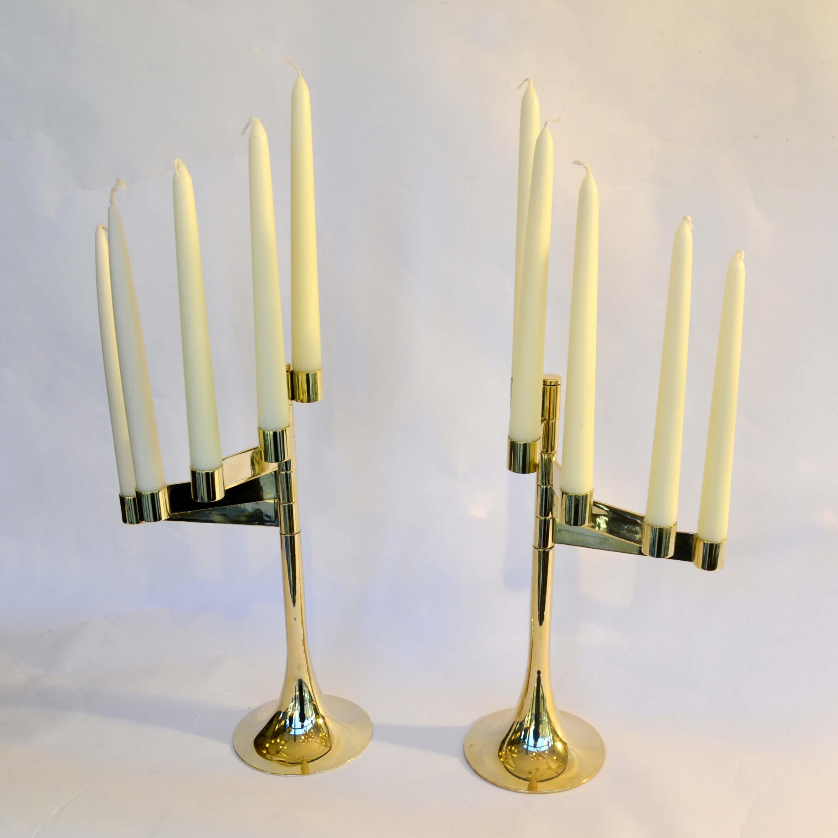 European Pair of Modular Five-Arm Polished Brass Candle Holders