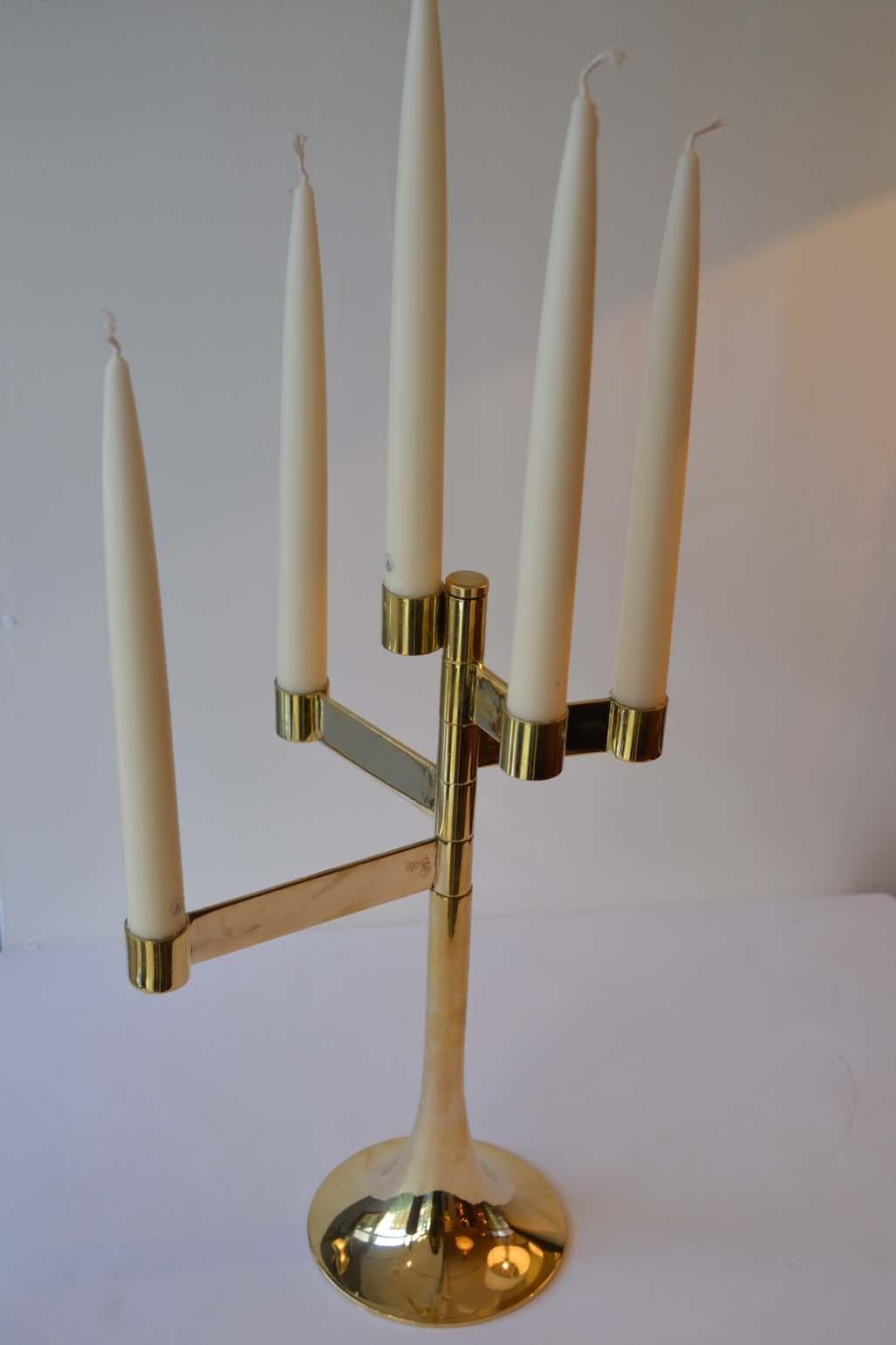 Late 20th Century Pair of Modular Five-Arm Polished Brass Candle Holders