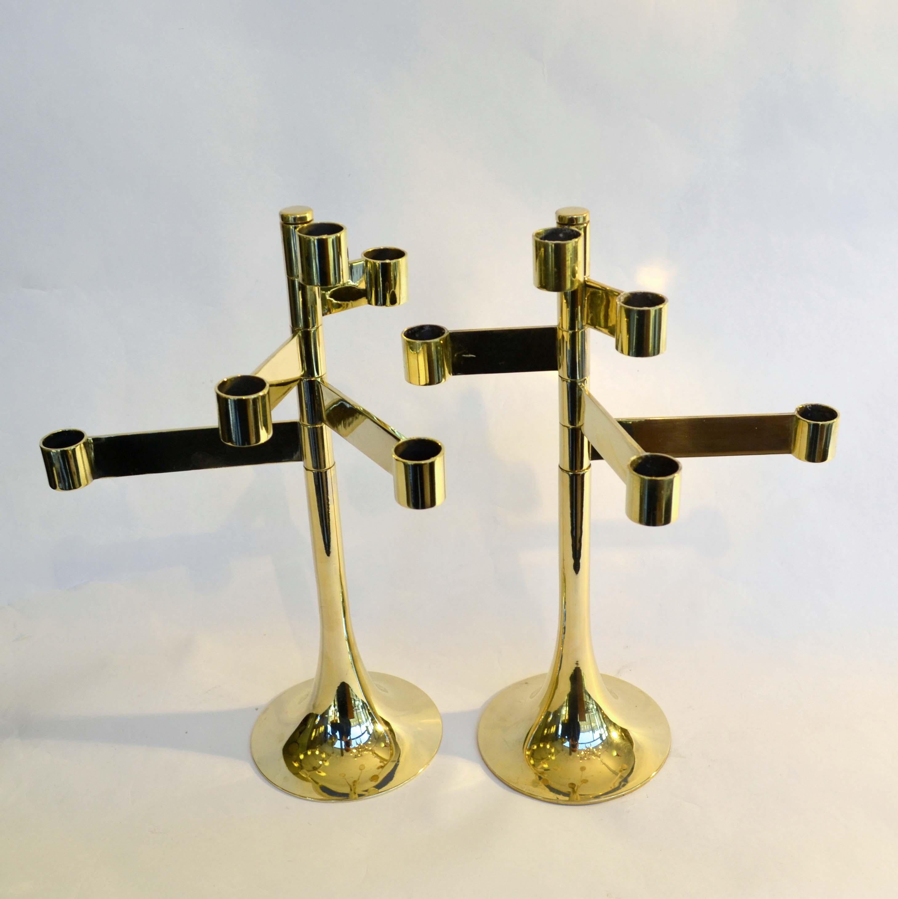 Pair of Modular Five-Arm Polished Brass Candle Holders 1