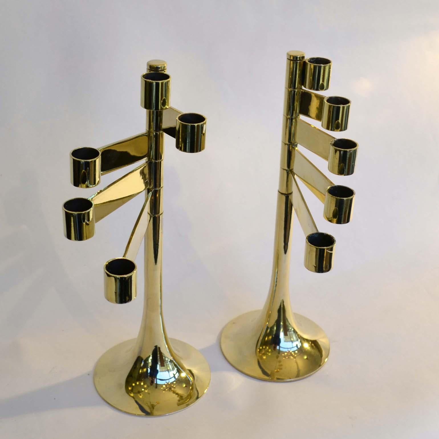 Pair of Modular Five-Arm Polished Brass Candle Holders 2