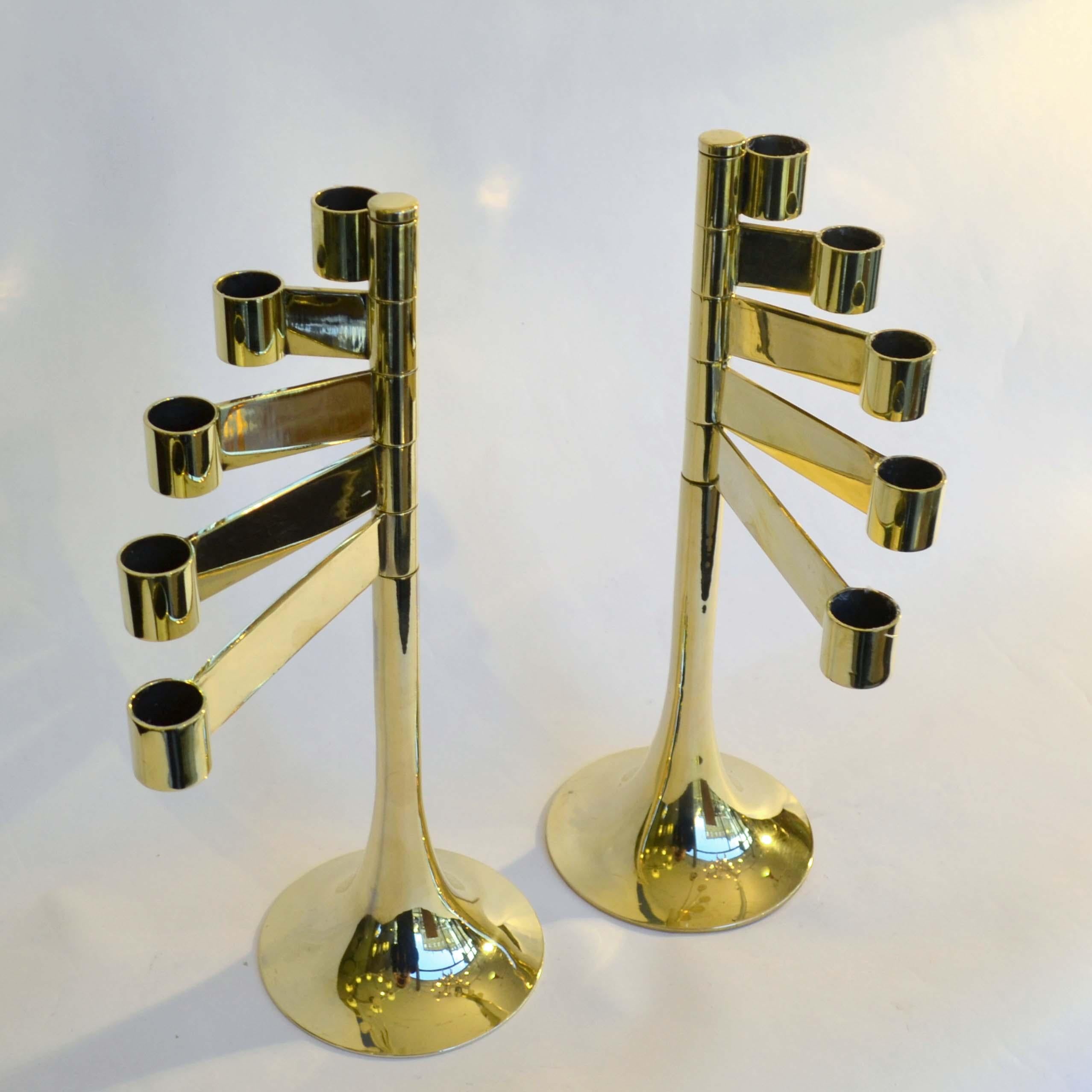 Pair of Modular Five-Arm Polished Brass Candle Holders 3