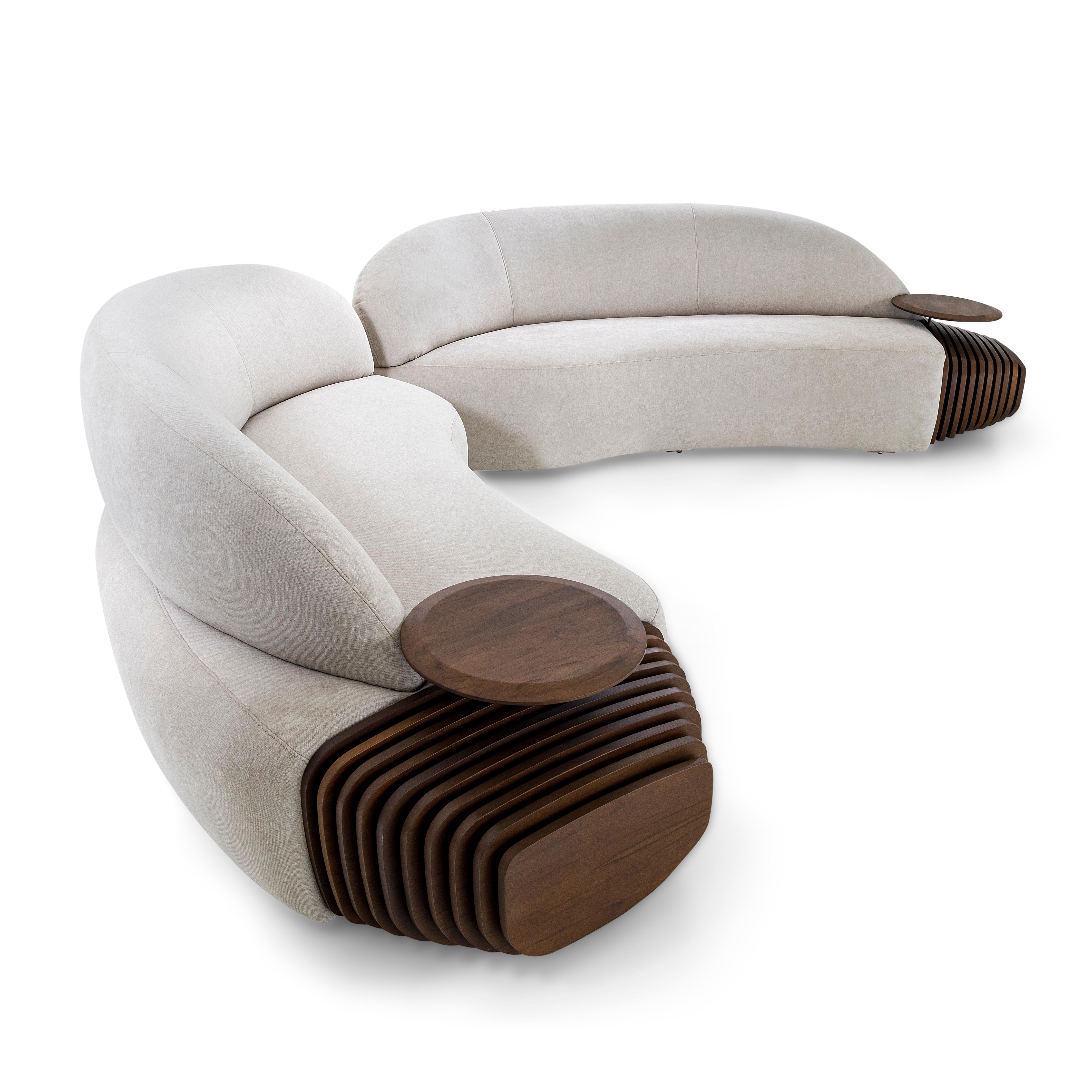 Modulare Sofas mit Untergestell aus Nussbaumholz und integrierten Tischen, Ruy Line, Paar (Moderne) im Angebot