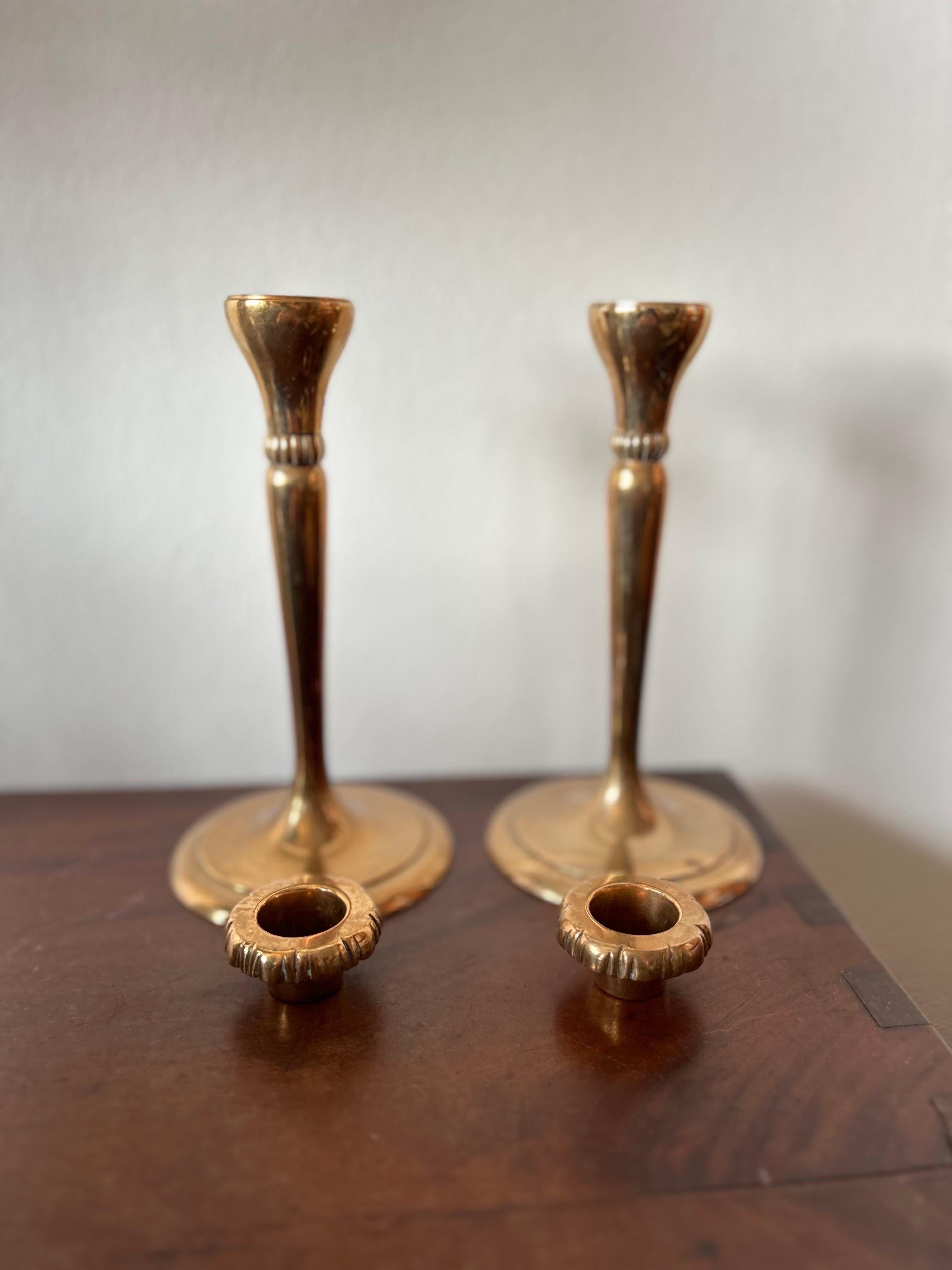 Arts and Crafts Pair of Mogens Ballin Bronze Candlesticks Model B12 For Sale