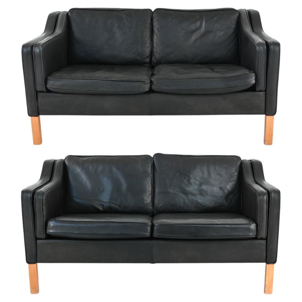 Pair of Mogens Hansen Black Pebbled Leather Loveseats