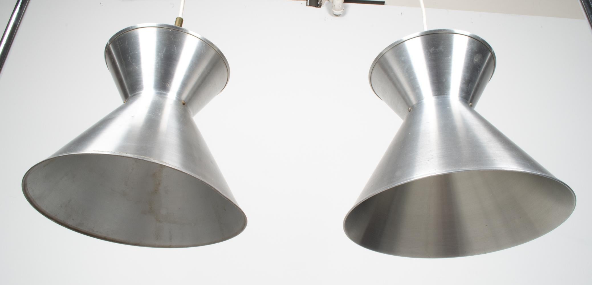 Danish Pair of Mogens Koch, Louis Poulsen Model MK 114 Brushed Aluminum Pendant Lights For Sale
