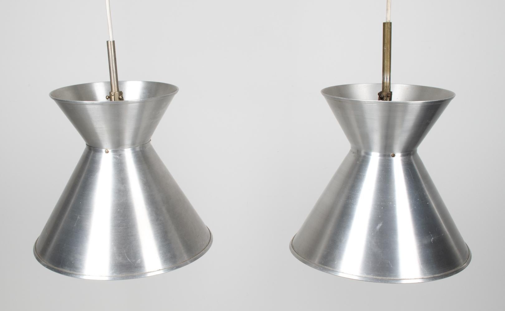 Pair of Mogens Koch, Louis Poulsen Model MK 114 Brushed Aluminum Pendant Lights For Sale 1