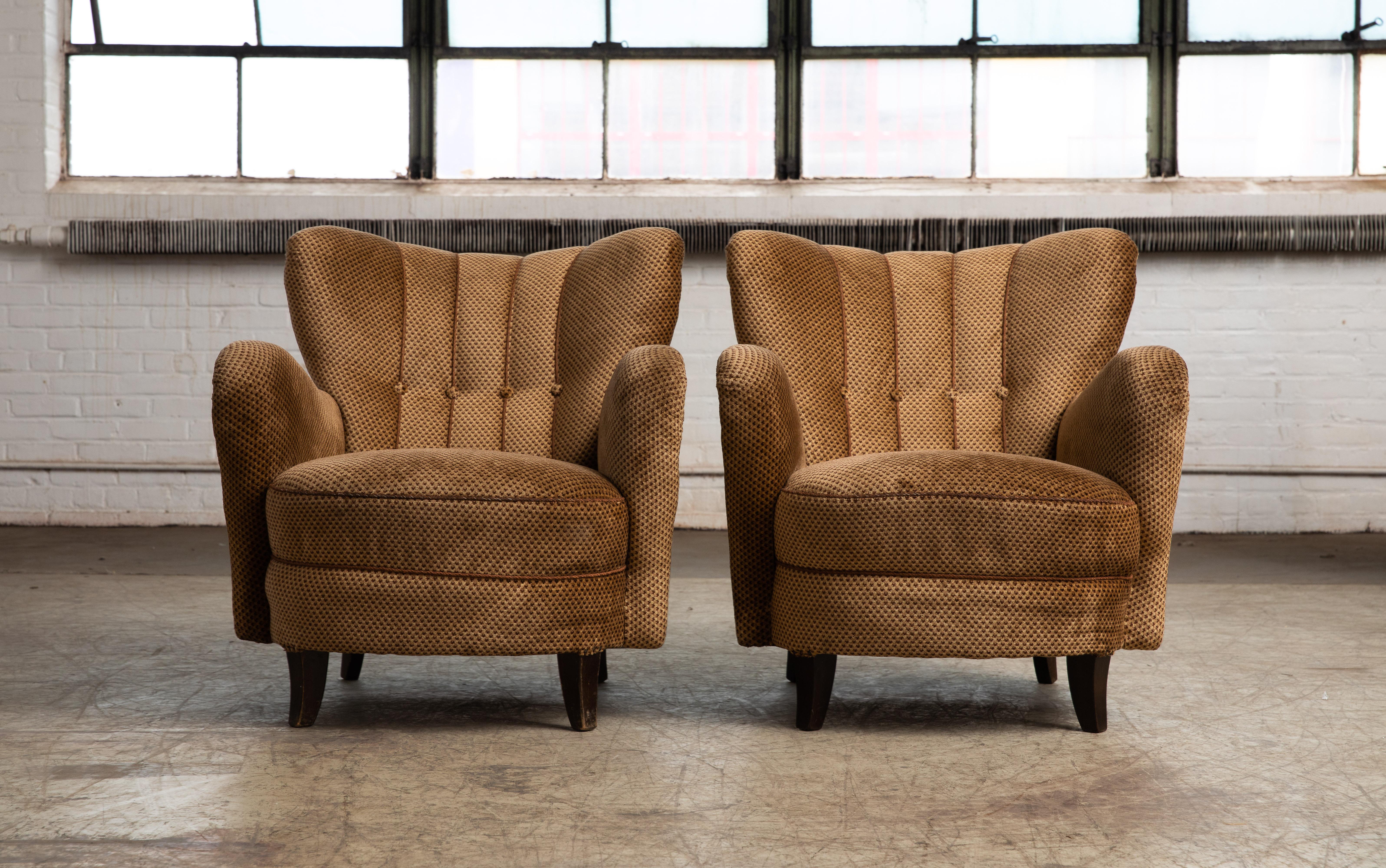 Mid-Century Modern Pair of Mogens Lassen Style Danish 1940s Lounge or Club Chairs in Velvet
