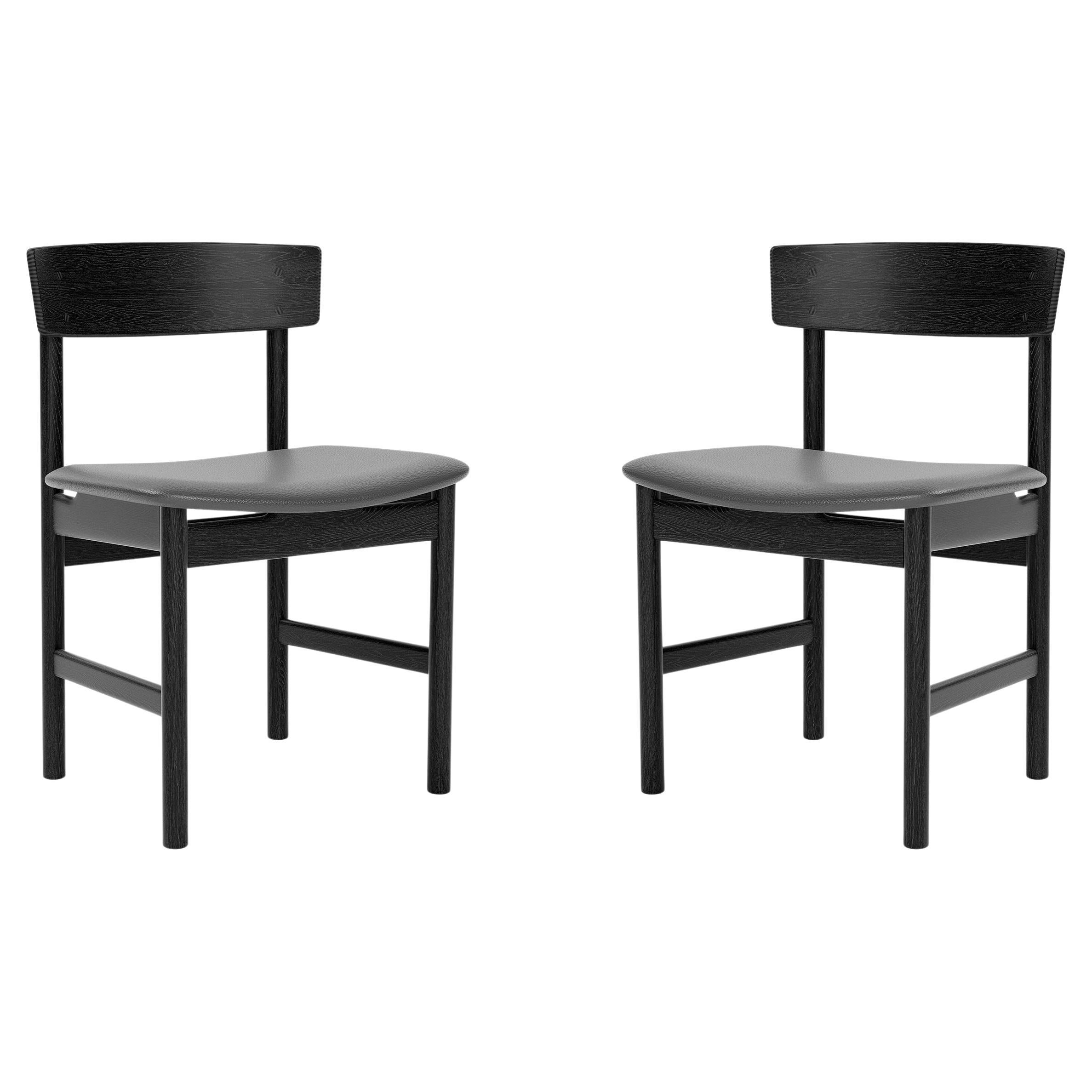 Paar Mogensen 3236 Stühle, Schwarzes Leder/schwarz lackierte Eiche, Børge Mogensen