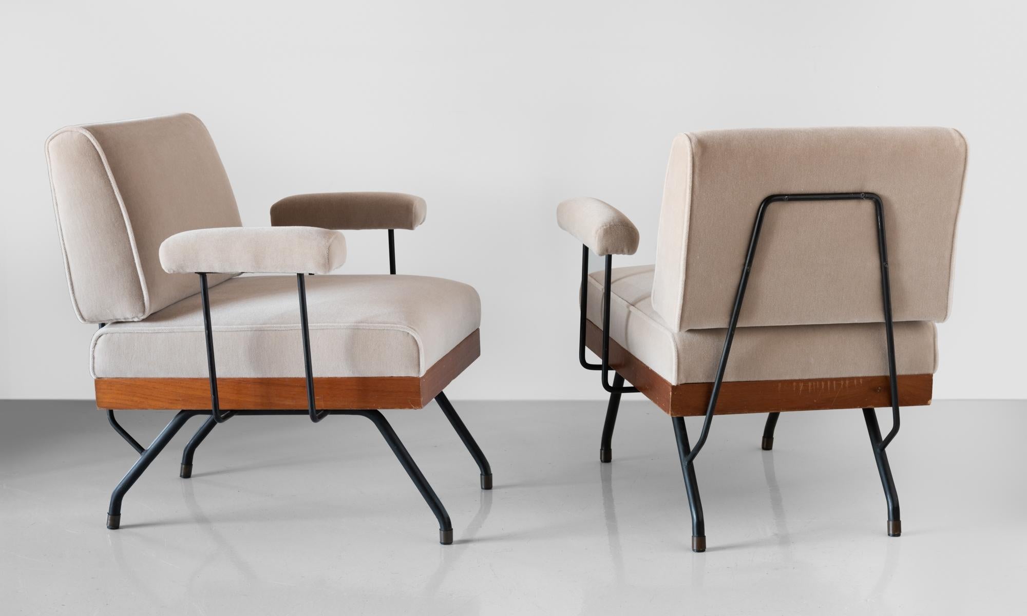 Italian Pair of Mohair, Metal, and Wood Modern Armchairs, Italy, circa 1960  