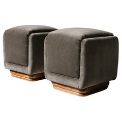 Pair of Mohair Upholstered Solid Oak Base Ottomans / Poufs, circa 1970s