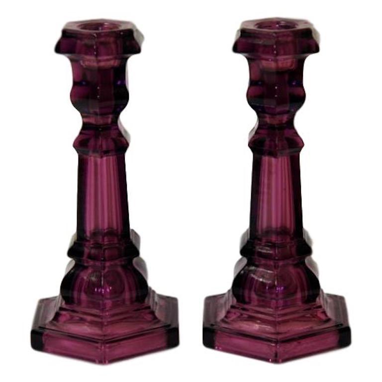 purple glass candlesticks