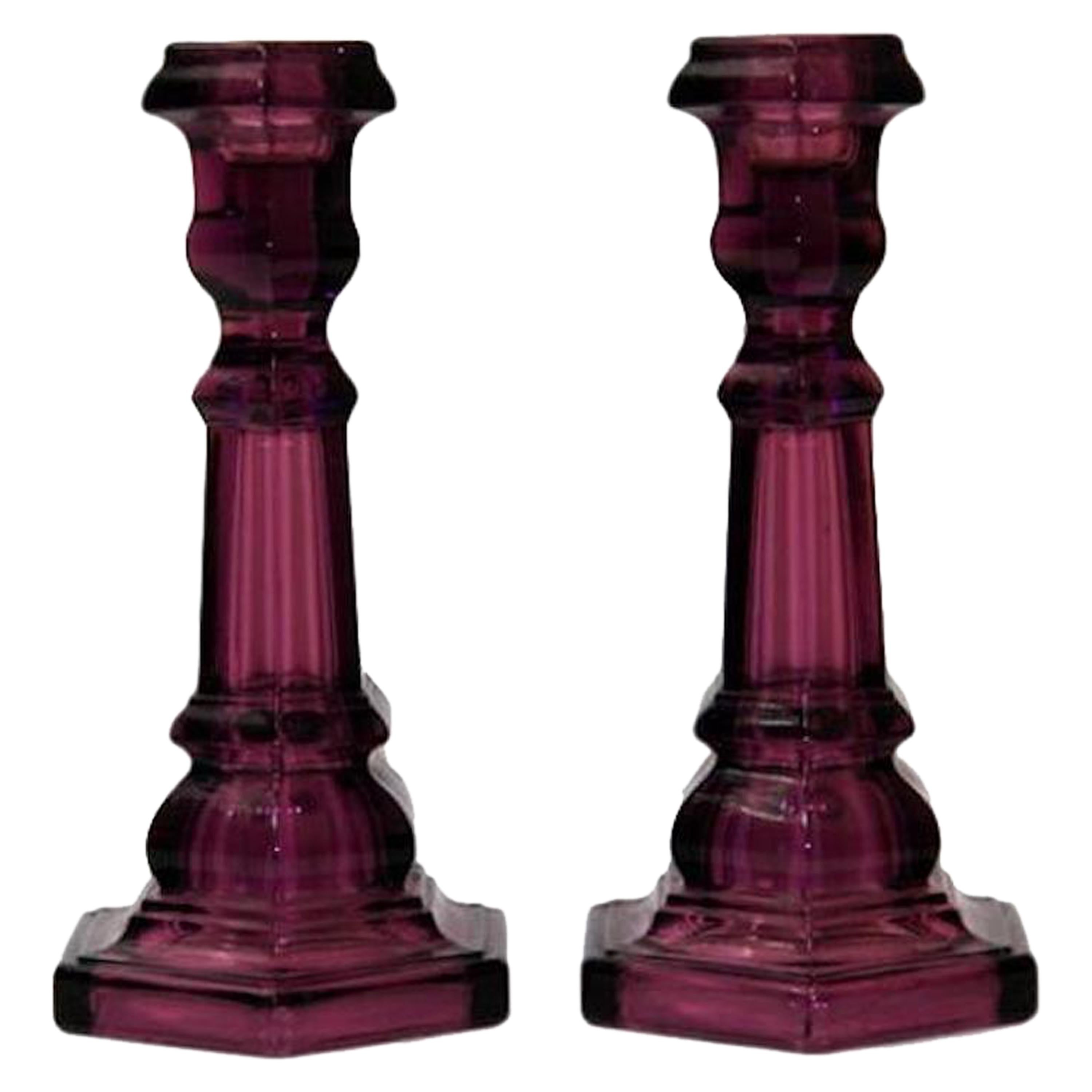 Pair of Molded Amethyst Glass Candlesticks For Sale