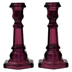 Vintage Pair of Molded Amethyst Glass Candlesticks