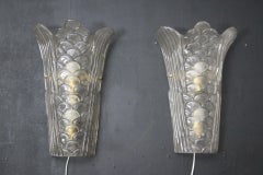 Pair of Molded Clear Frosted Glass Wall Lights, Art Deco Style Glass Sconces
