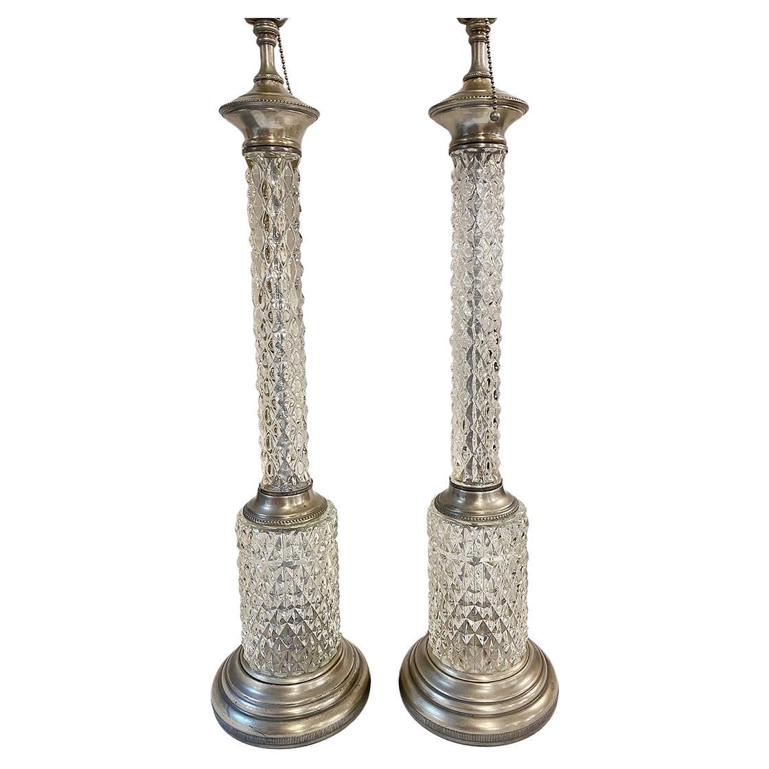 Pair of Molded Glass Column Table Lamps For Sale