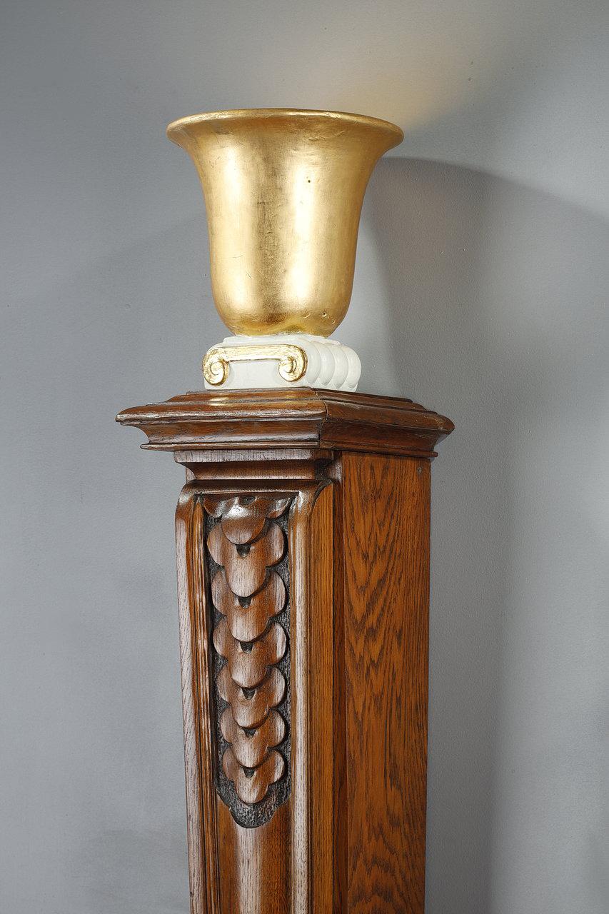 Pair of Molded Oak Columns with a Lamp in the Art Deco Style, 20th Century 3