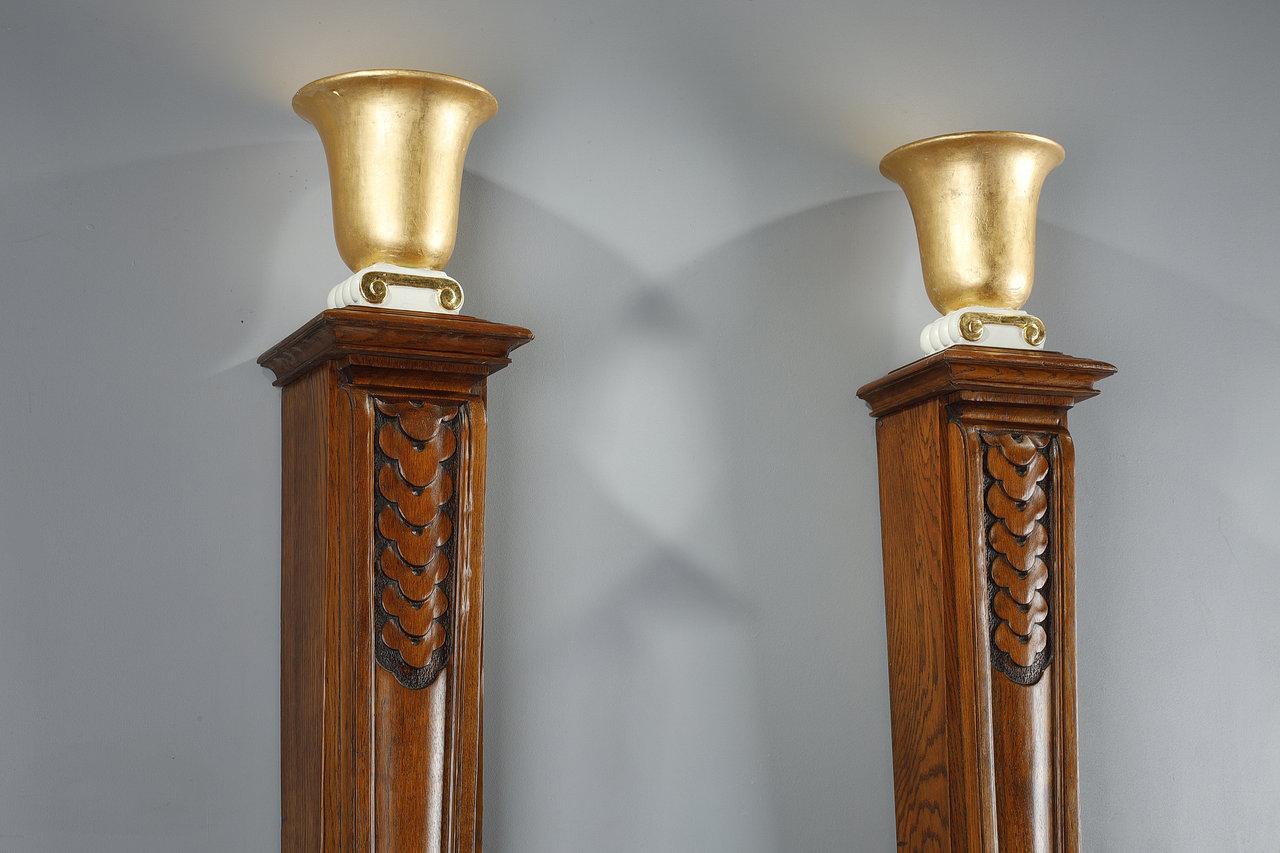 Pair of Molded Oak Columns with a Lamp in the Art Deco Style, 20th Century 5