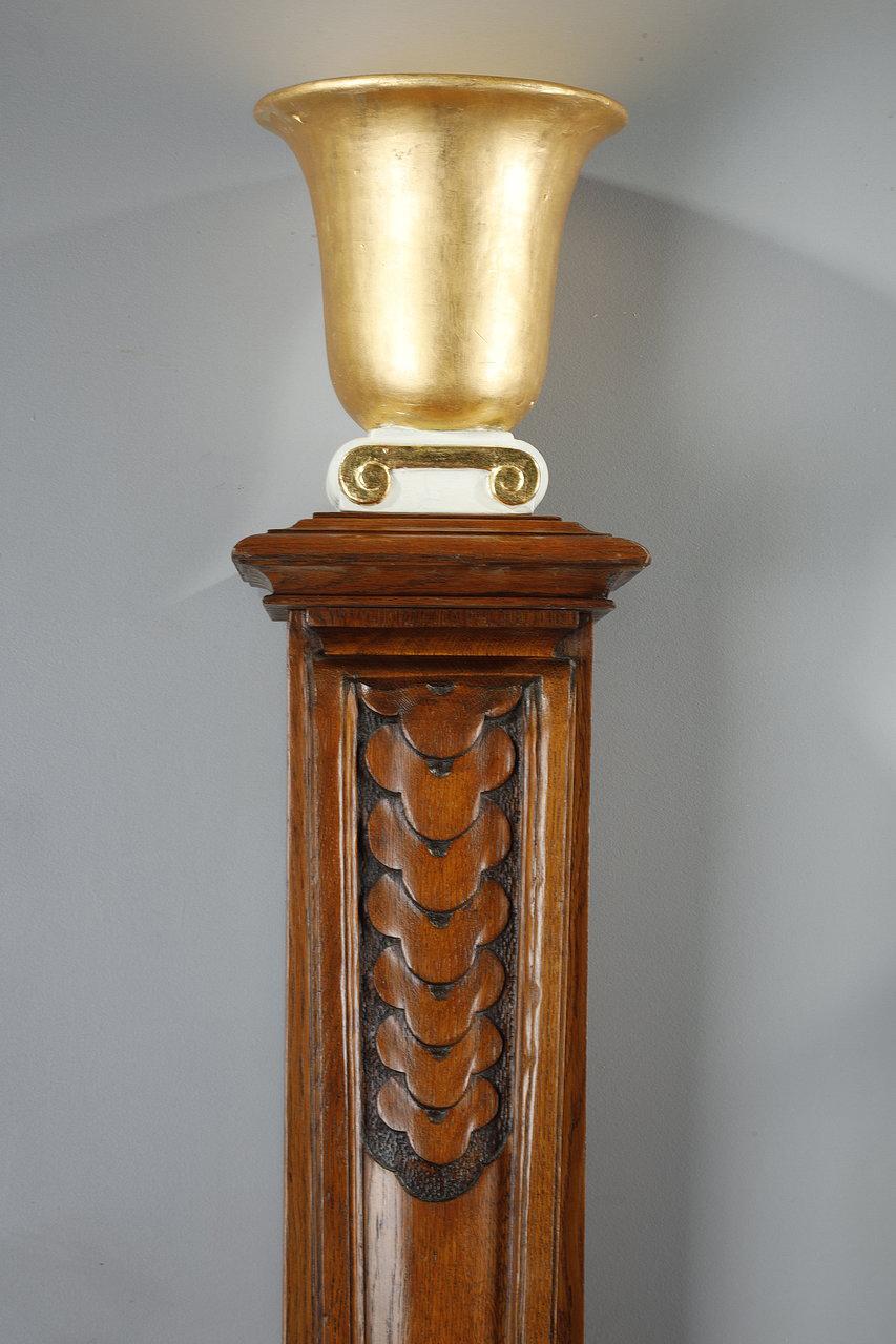 Gold Leaf Pair of Molded Oak Columns with a Lamp in the Art Deco Style, 20th Century