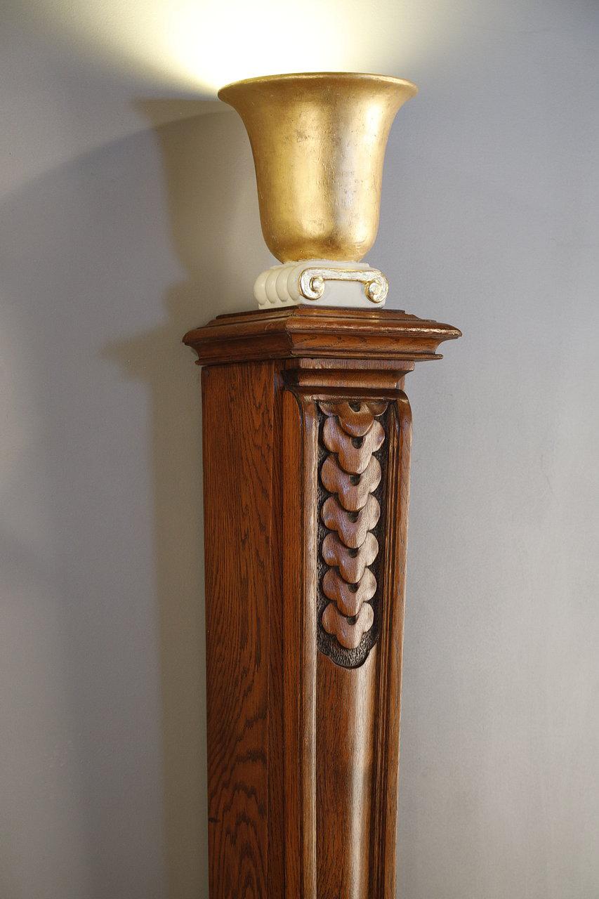 Pair of Molded Oak Columns with a Lamp in the Art Deco Style, 20th Century 1