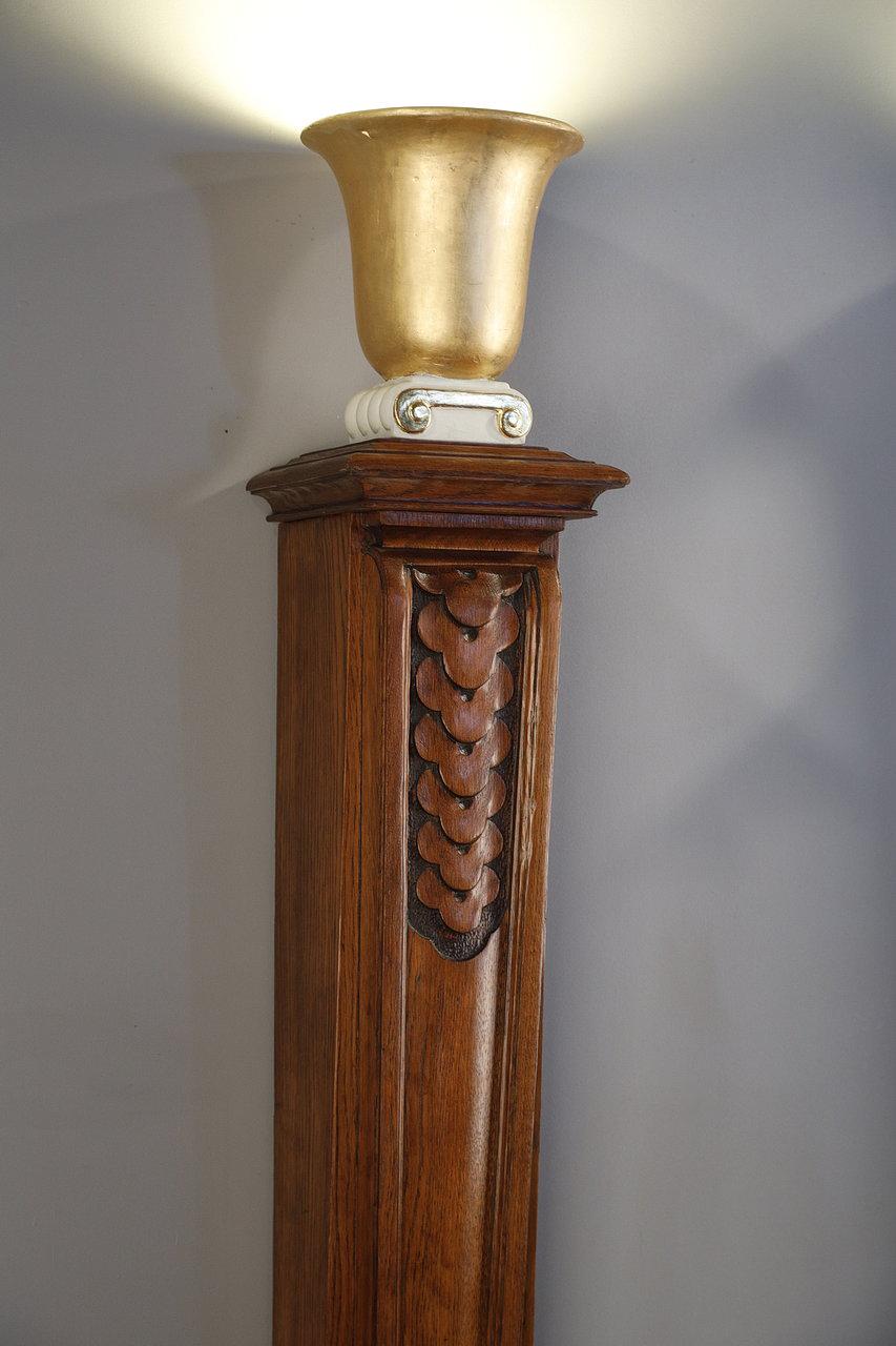 Pair of Molded Oak Columns with a Lamp in the Art Deco Style, 20th Century 2