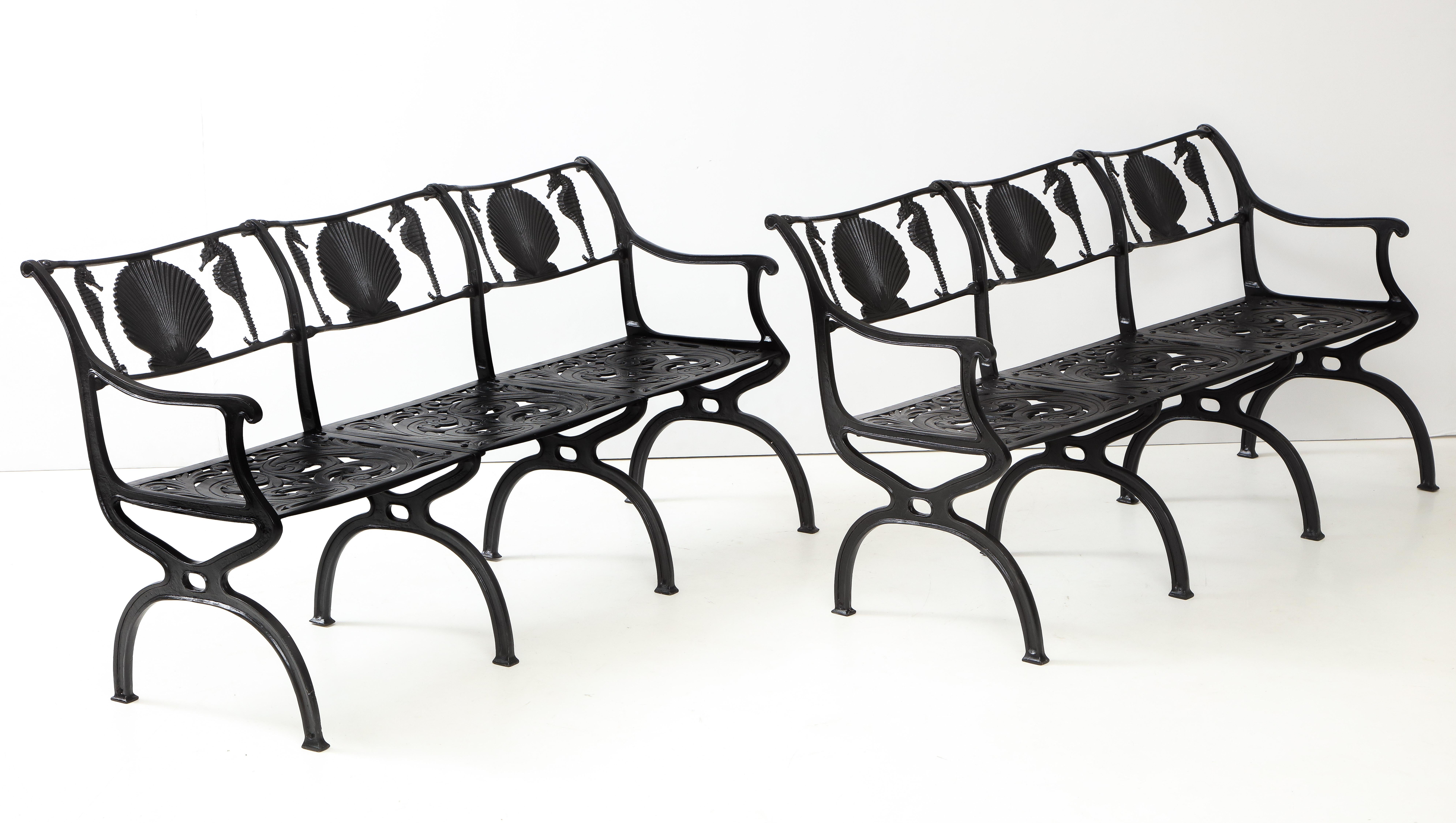 Pair of Molla Shell and Seahorse Cast Aluminium Benches 7