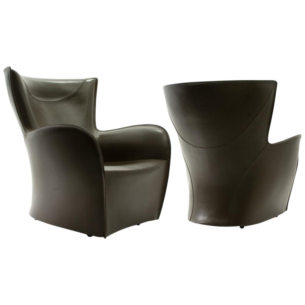 Pair of Molteni Brown Leather Armchairs